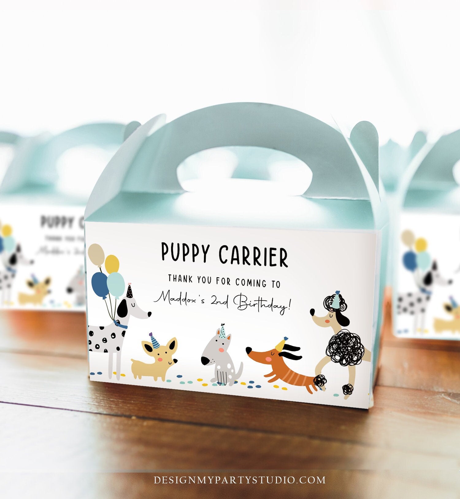 Editable Puppy Carrier Box Favor Label Puppy Birthday Favor Box Label Boy Blue Adopt a Puppy Pet Pawty Digital Download Printable Corjl 0429