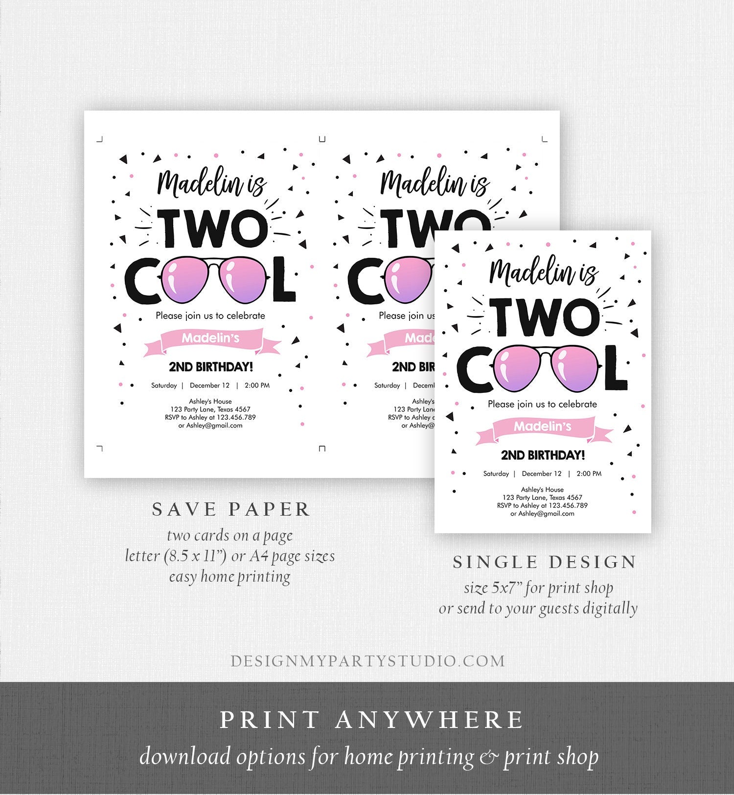 Editable Two Cool Birthday Invitation Girl Second Birthday Party 2nd I'm this Many I'm Two Cool Sunglasses Digital Template Printable 0136