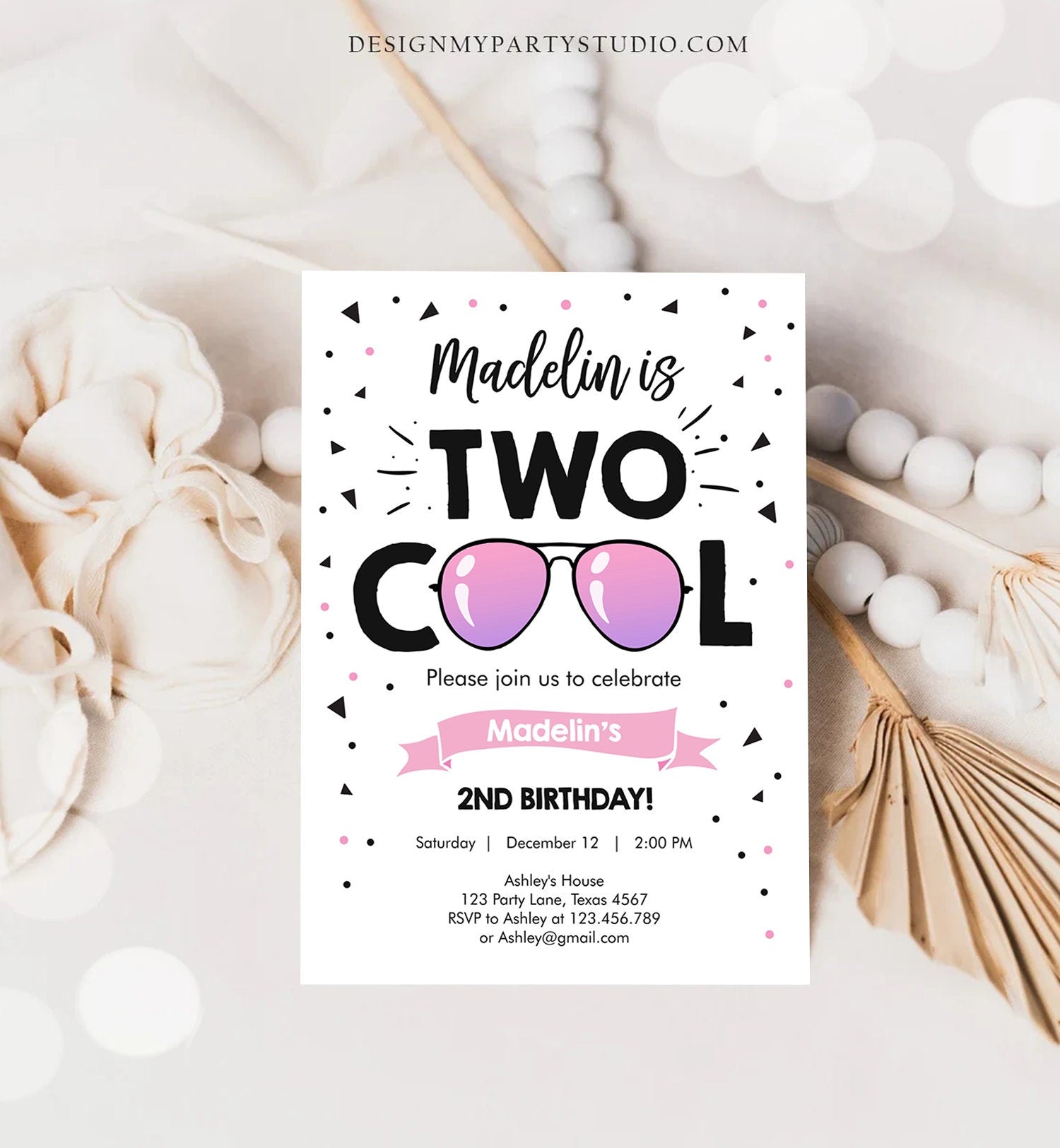 Editable Two Cool Birthday Invitation Girl Second Birthday Party 2nd I'm this Many I'm Two Cool Sunglasses Digital Template Printable 0136