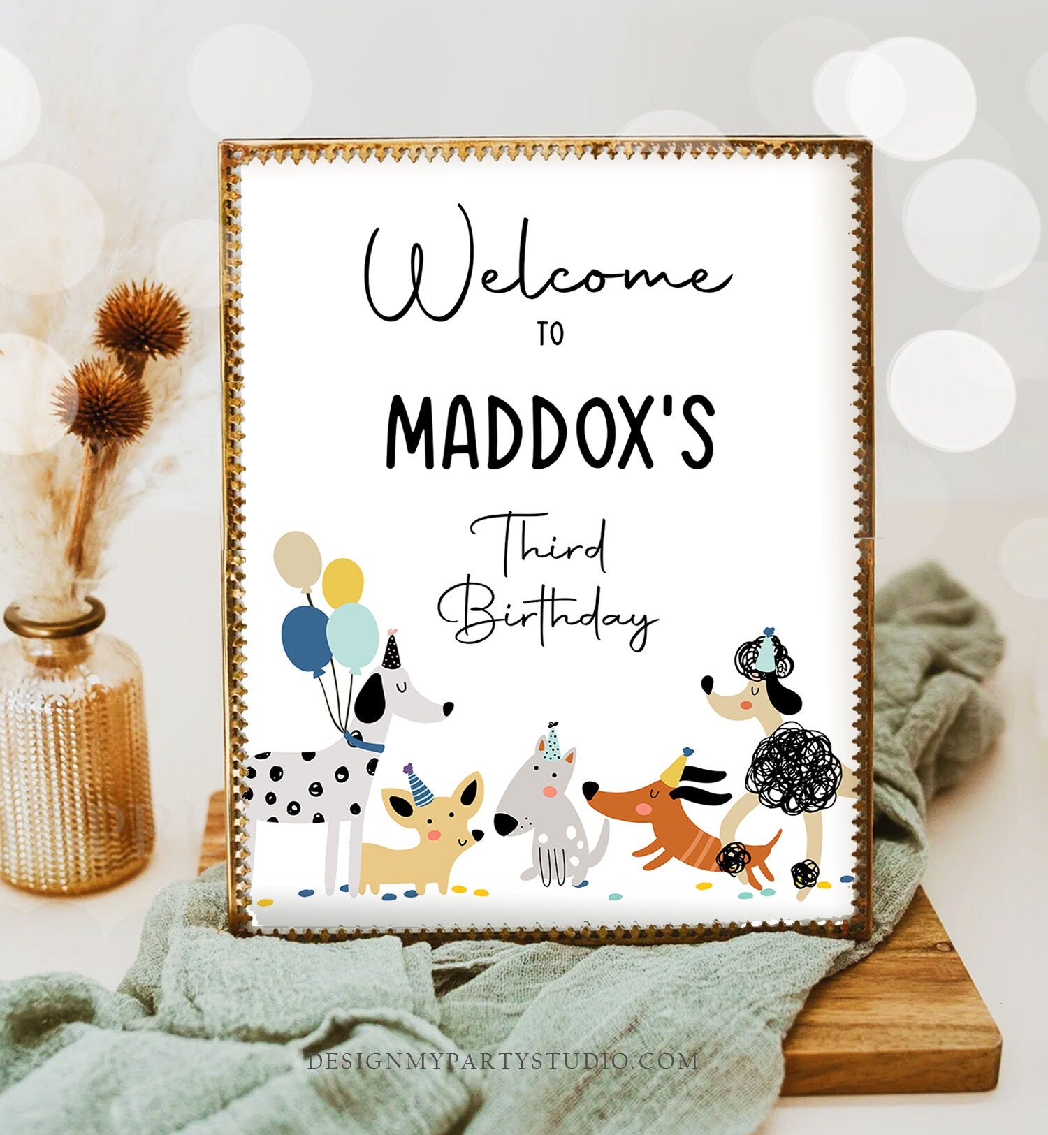 Editable Puppy Dog Birthday Party Welcome Sign Puppy Birthday Pet Dog Simple Modern Birthday Pawty Boy Blue Template Corjl PRINTABLE 0429