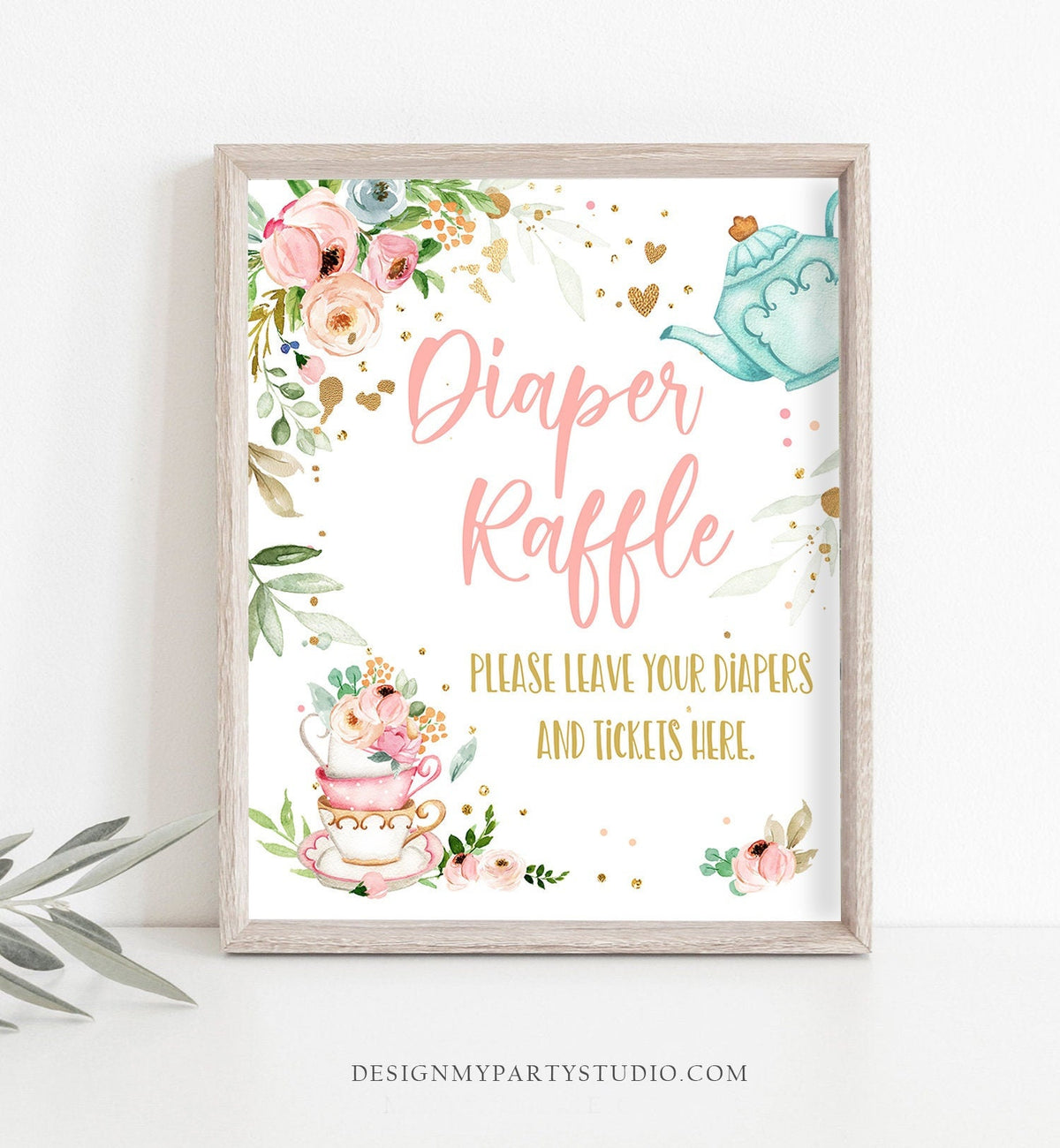 Diaper Raffle Sign Tea Party Favors Baby Shower Diapers and Tickets Pink Gold Floral Baby is Brewing Decor Par-tea Download Printable 0349