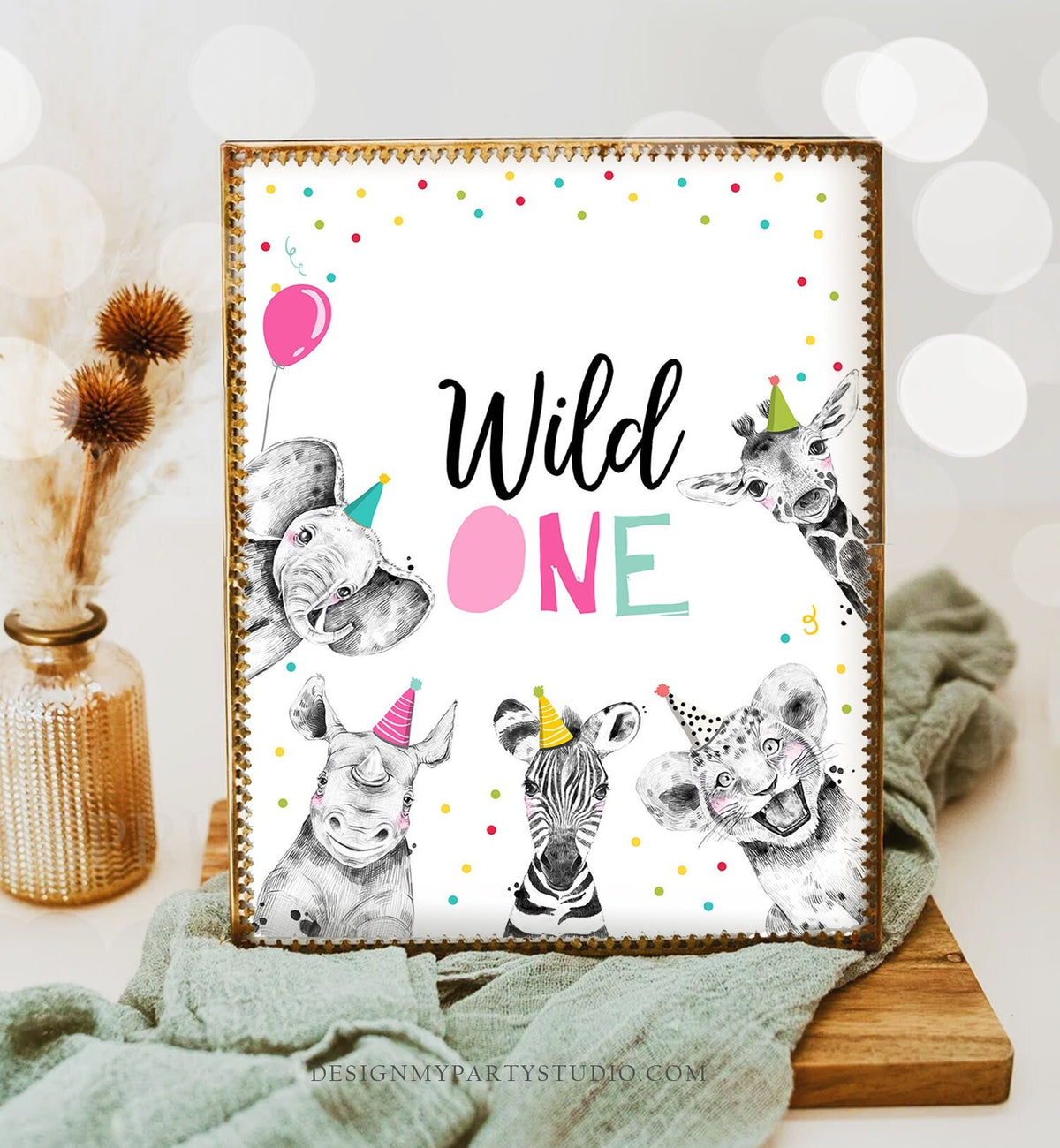 Wild One Birthday Sign Party One Wild Year First Birthday 1st Safari Animals Party Animals Zoo Girl Pink Decor Download Printable 0390