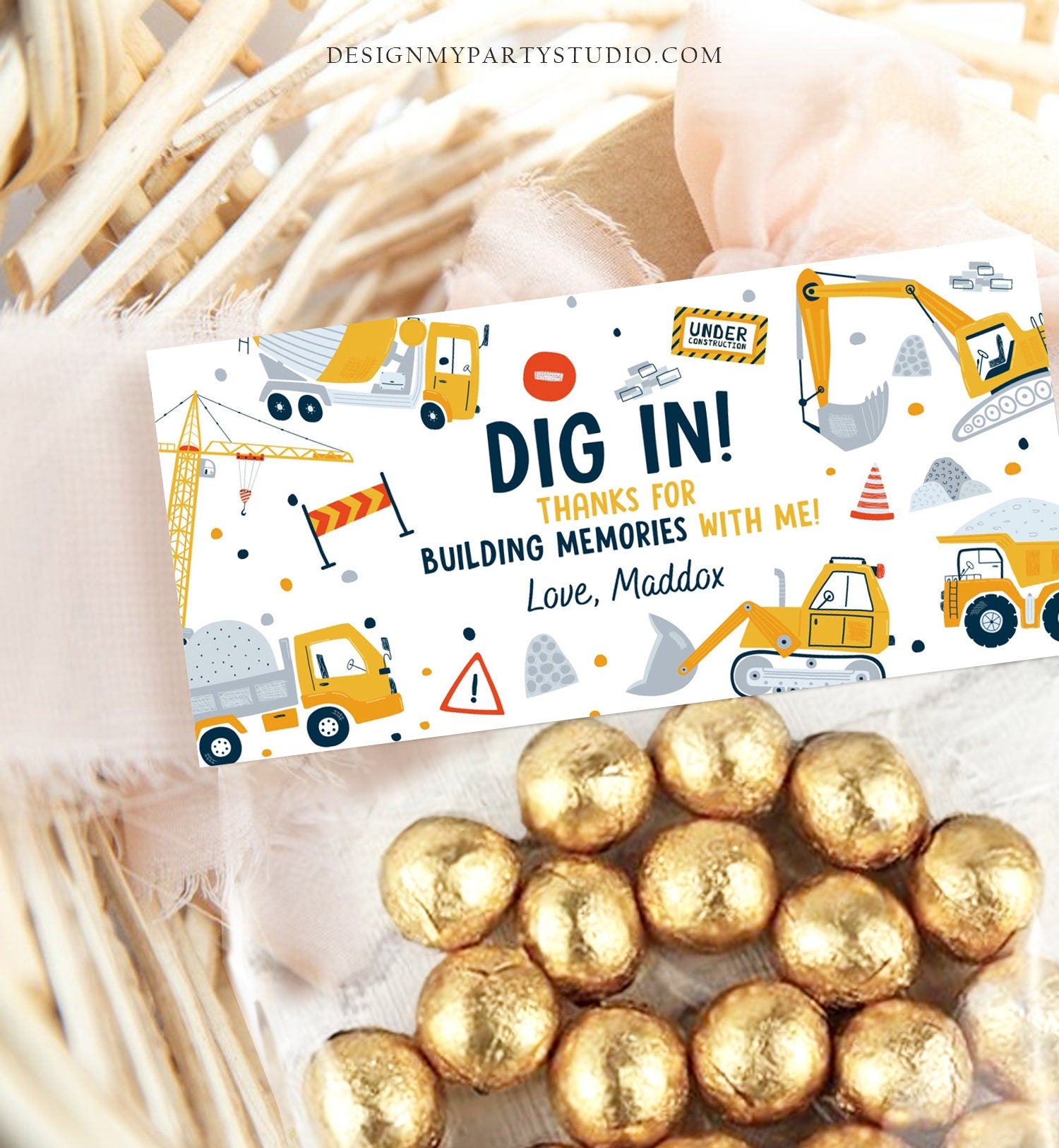 Editable Construction Party Treat Bag Topper Construction Birthday Favors Dump Truck Favor Bag Dig In Download Printable Corjl Template 0458