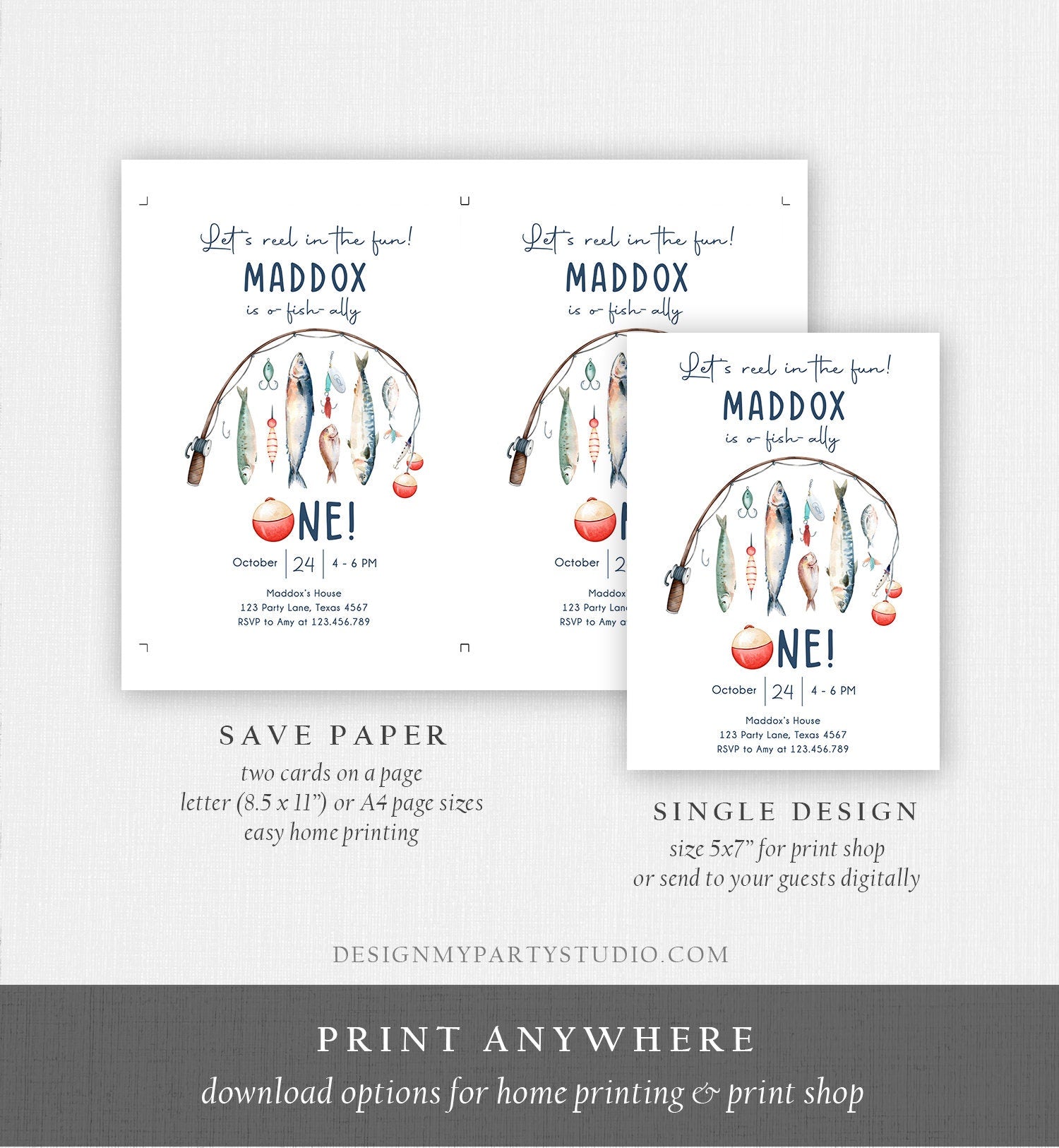 Editable Fishing Birthday Invitation Fishing Party O-Fish-Ally The Big One Gone Fishing Blue Boy Download Printable Template Corjl 0454