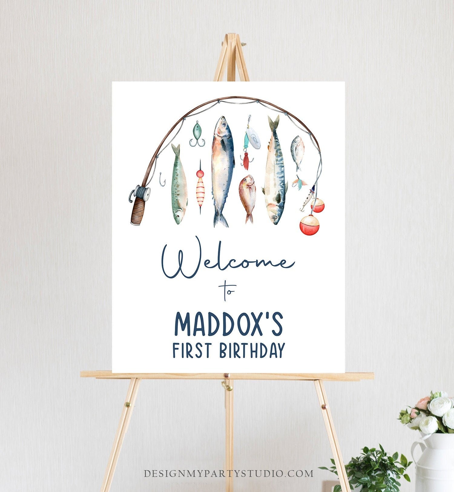 Editable Fishing Birthday Welcome Sign 1st Birthday Boy The Big One O-fish-ally Fishing Party Sign Fish Sea Template PRINTABLE Corjl 0454