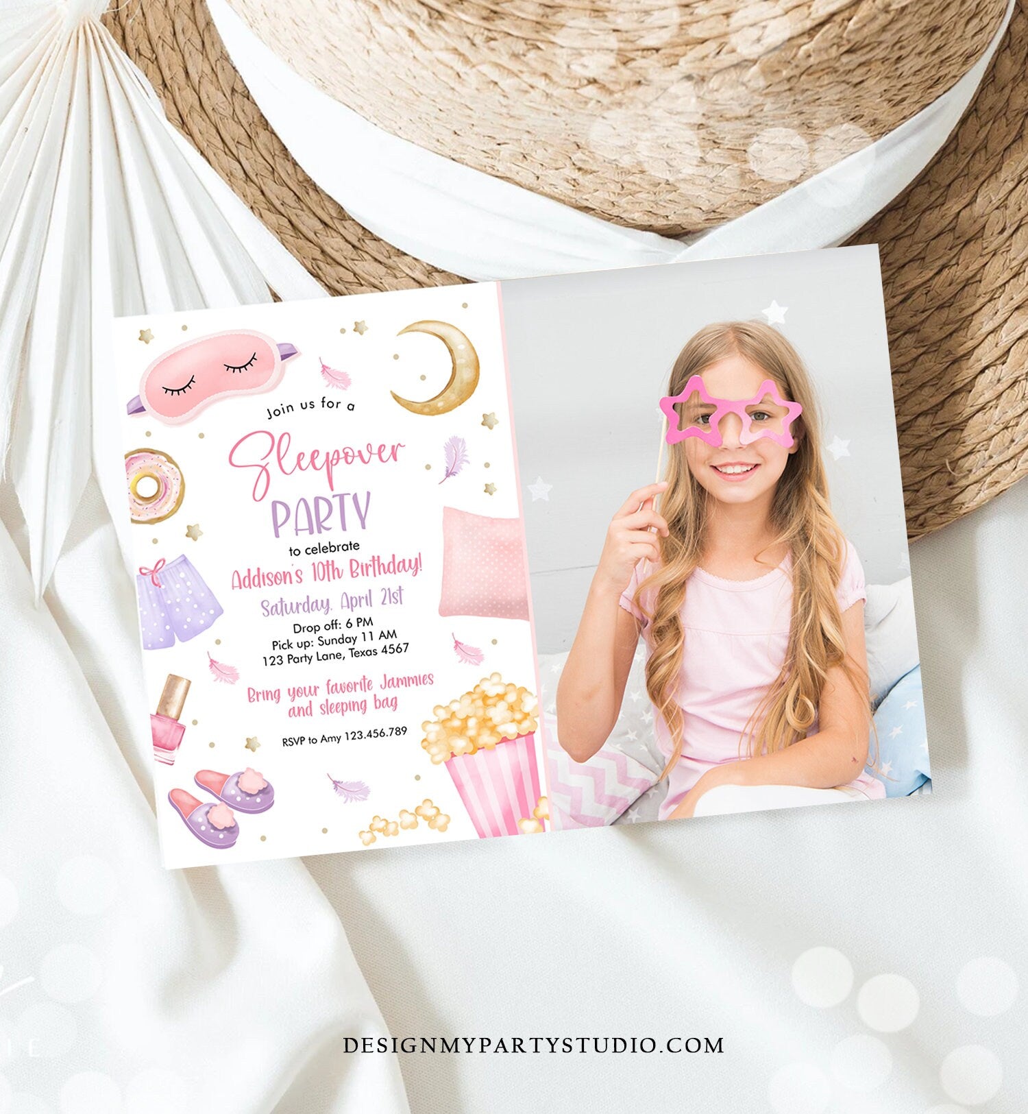 Editable Slumber Party Birthday Invitation Sleepover Birthday Invite Pink Girl Spa Tween Teen Digital Download Printable Template Corjl 0447