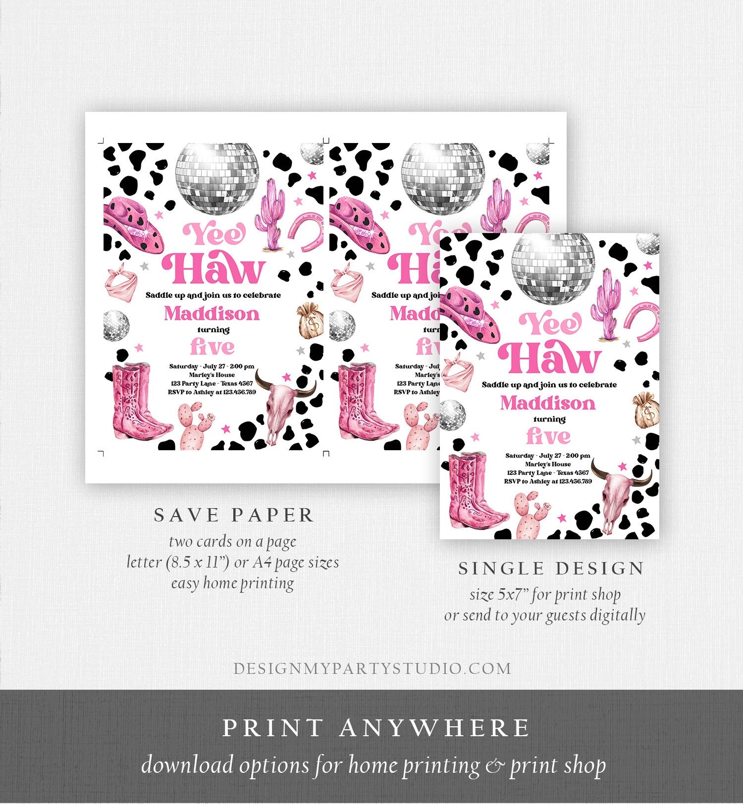 Editable Space Cowgirl Birthday Party Invitation Disco Cowgirl Invite Pink Girl Rodeo Country Digital Download Printable Template Corjl 0455