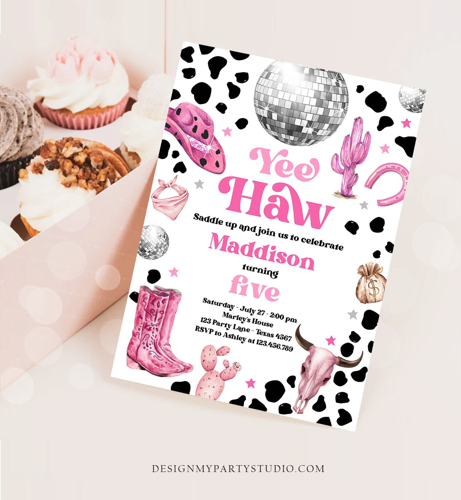 Editable Space Cowgirl Birthday Party Invitation Disco Cowgirl Invite Pink Girl Rodeo Country Digital Download Printable Template Corjl 0455