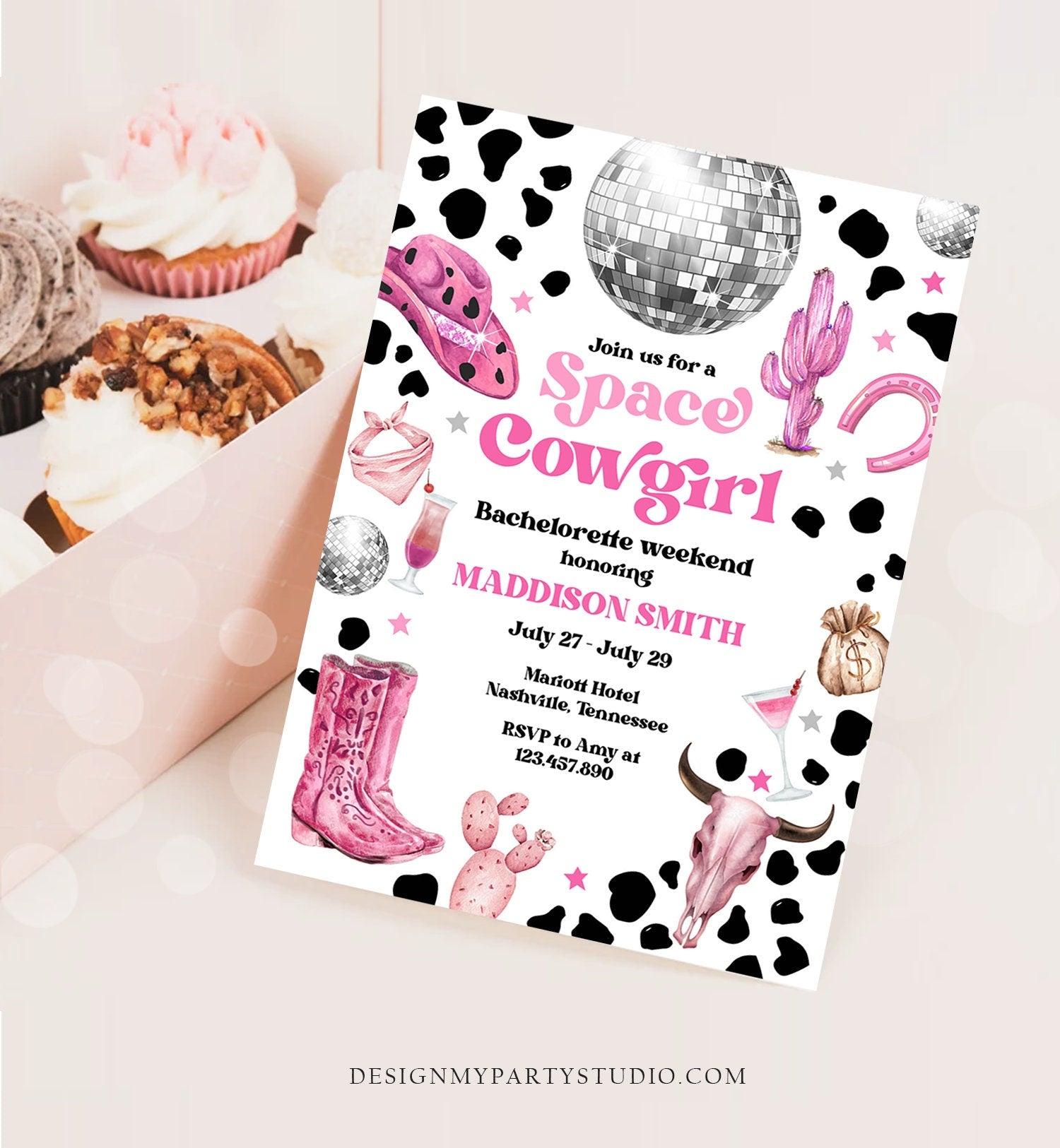 Editable Space Cowgirl Bachelorette Weekend Invitation & Itinerary Last Rodeo Nashville Nash Bash Download Printable Template Corjl 0455