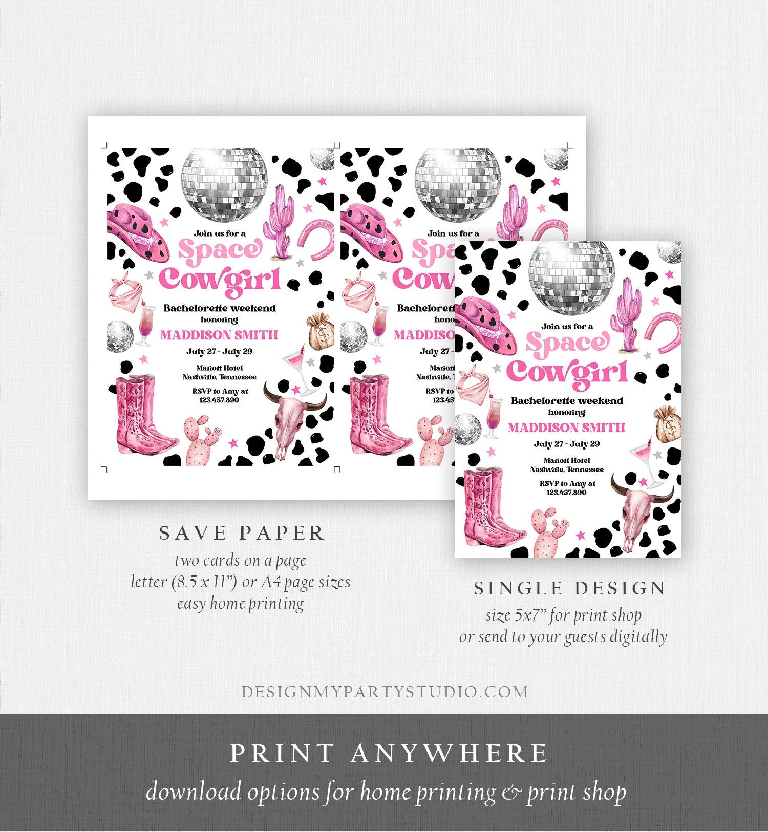 Editable Space Cowgirl Bachelorette Weekend Invitation & Itinerary Last Rodeo Nashville Nash Bash Download Printable Template Corjl 0455