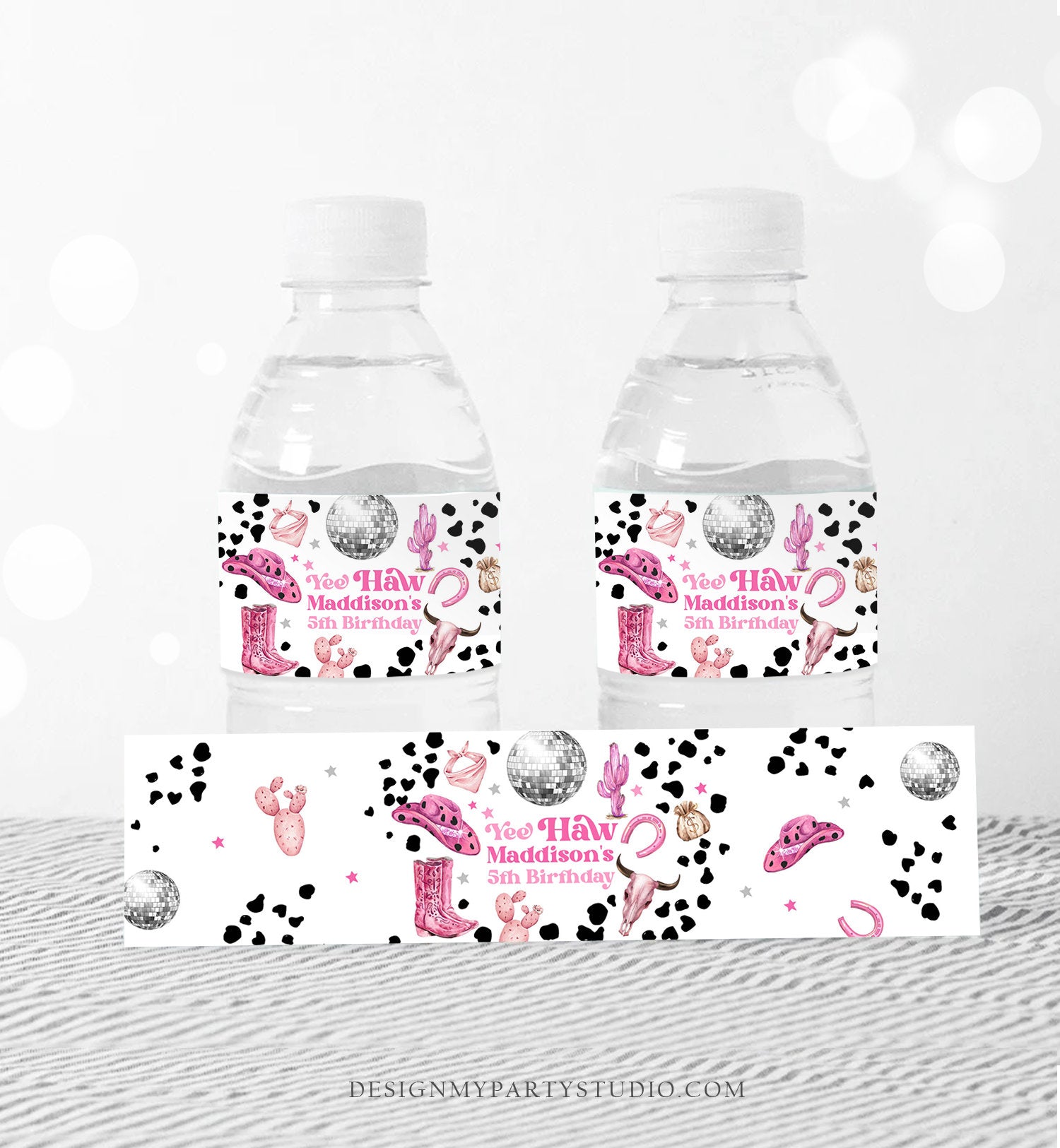 Editable Space Cowgirl Water Bottle Labels Disco Cowgirl Party Decor Rodeo Birthday Wild West Nashville Pink Printable Template Corjl 0455