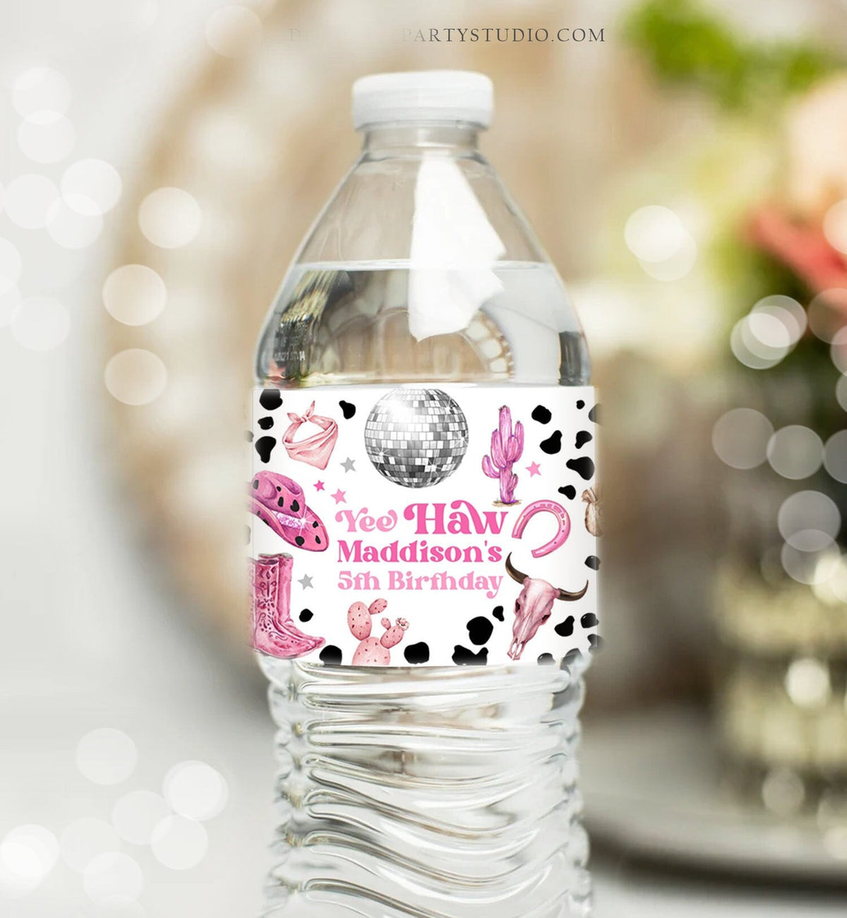 Editable Space Cowgirl Water Bottle Labels Disco Cowgirl Party Decor Rodeo Birthday Wild West Nashville Pink Printable Template Corjl 0455