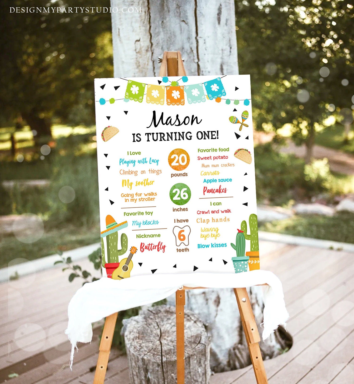 Editable First Fiesta Birthday Milestones Sign Poster 1st Birthday Mexican Cactus Samba Taco Bout Boy Corjl Template Printable 0161