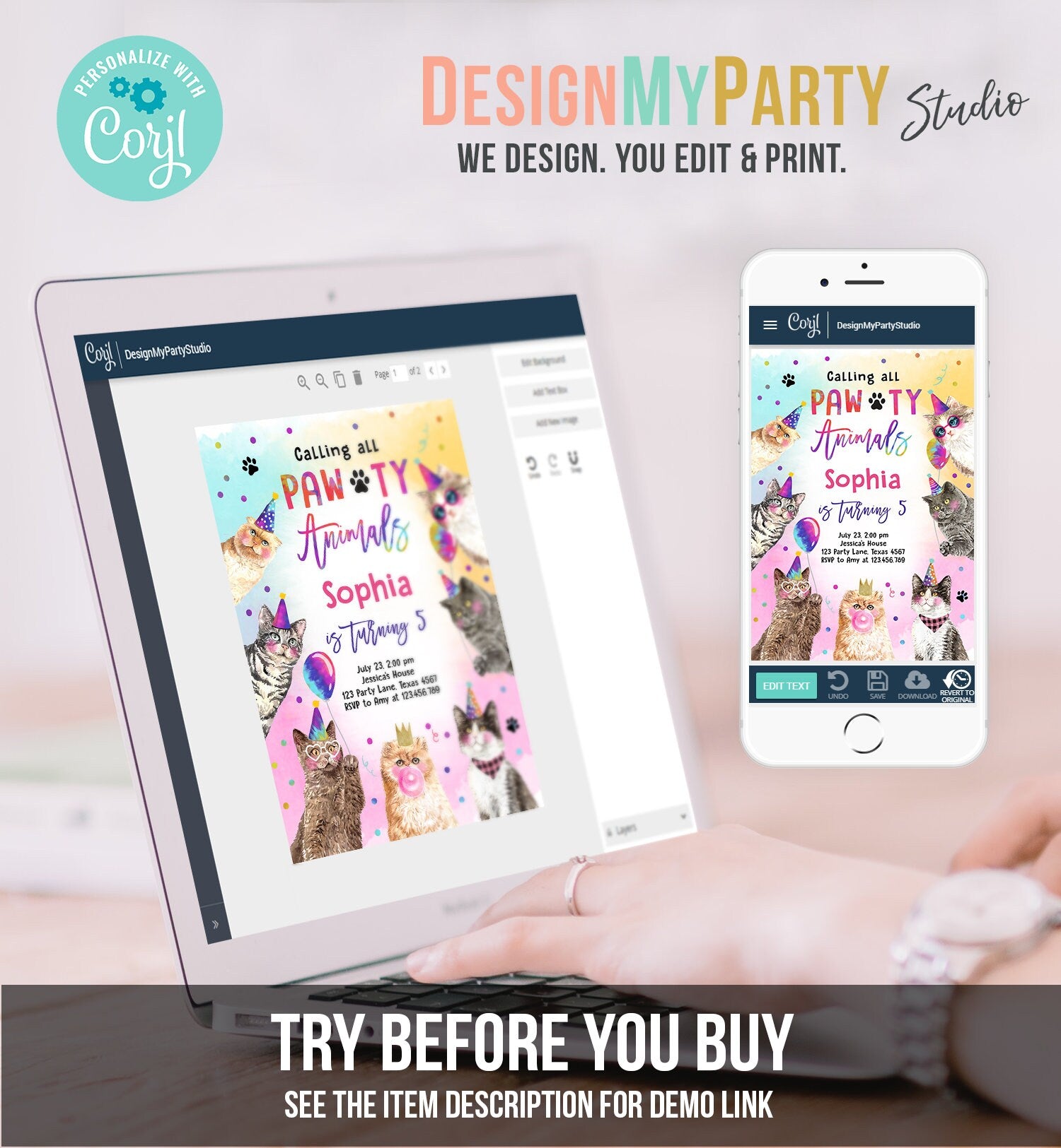 Editable Cat Birthday Party Invitation Kitten Birthday Invite Calling All Pawty Animals Party Animals Download Printable Template Corjl 0460