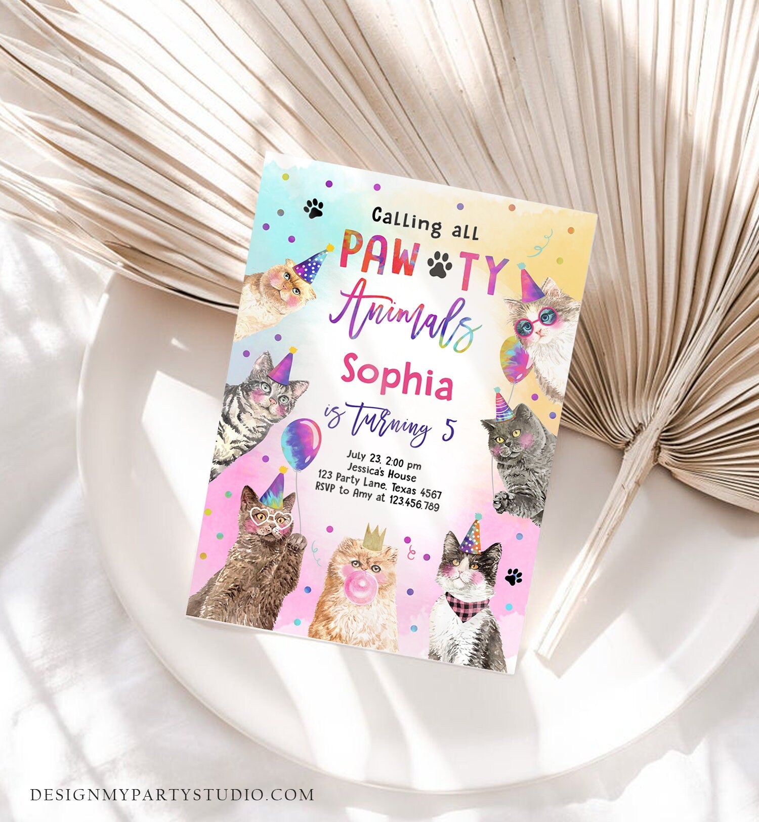 Editable Cat Birthday Party Invitation Kitten Birthday Invite Calling All Pawty Animals Party Animals Download Printable Template Corjl 0460