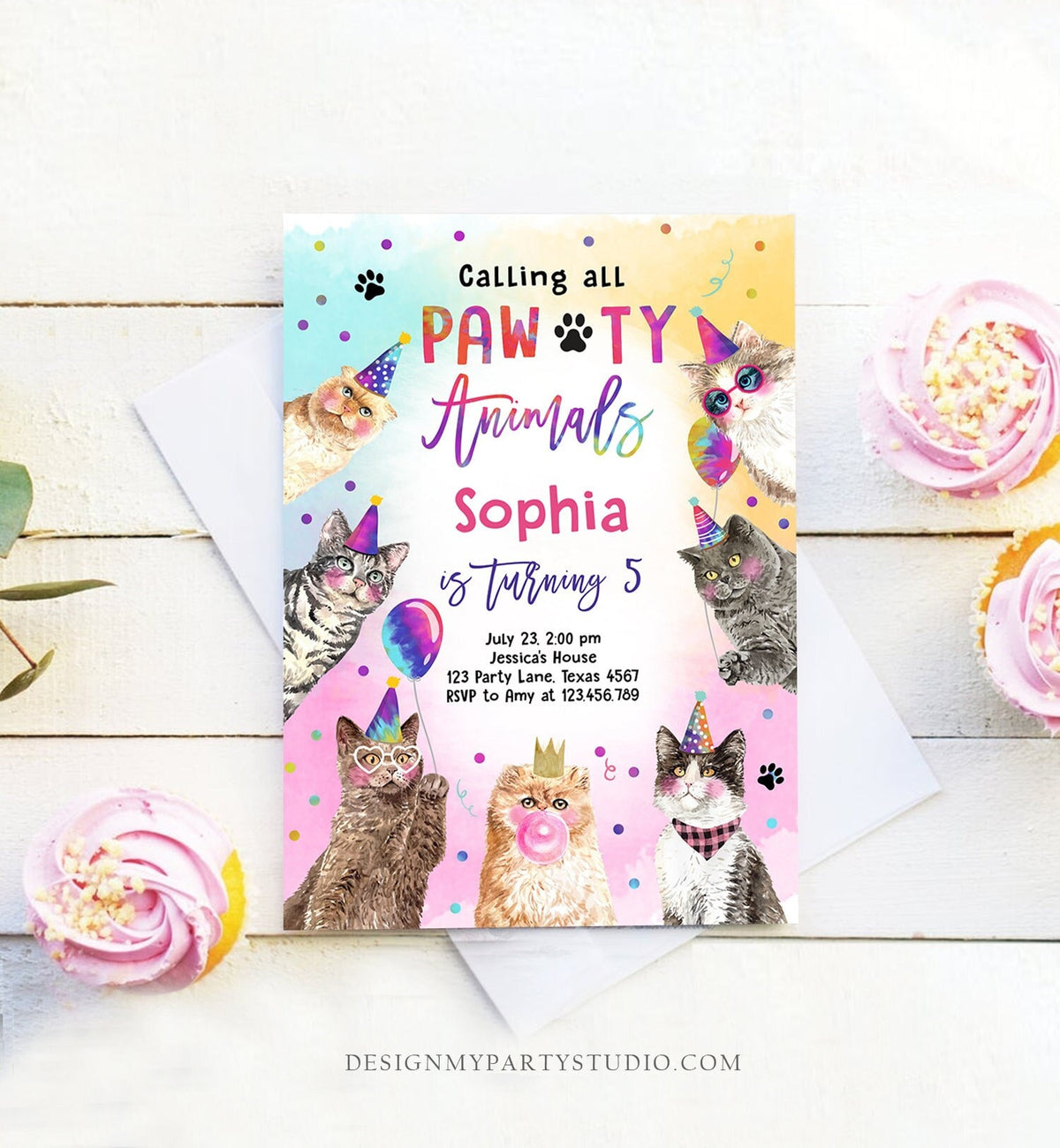 Editable Cat Birthday Party Invitation Kitten Birthday Invite Calling All Pawty Animals Party Animals Download Printable Template Corjl 0460