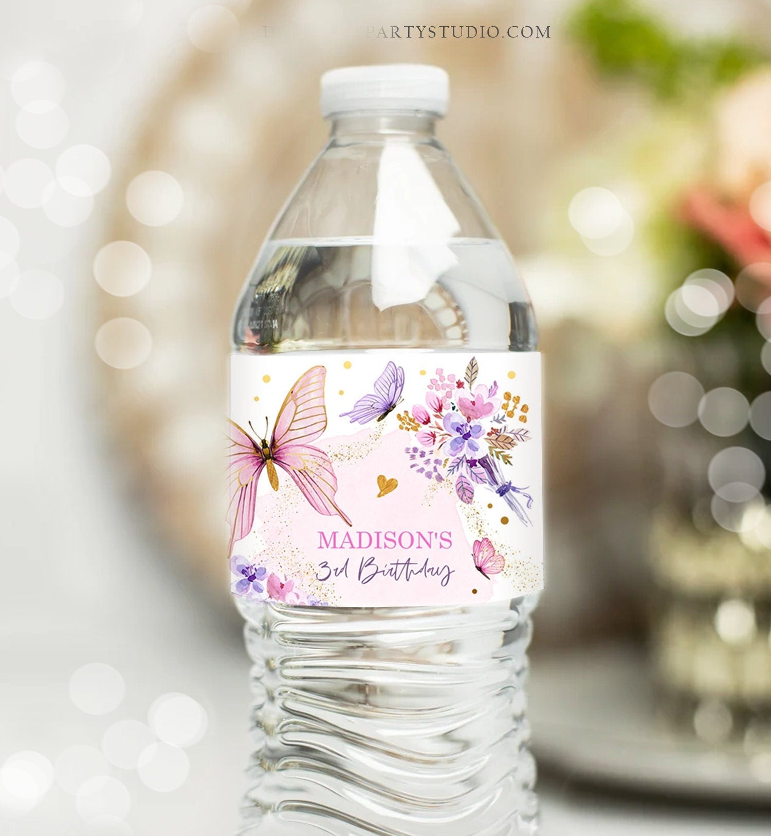 Editable Butterfly Water Bottle Label Girl Floral Butterfly Party Garden Pink Gold Purple Drink Label Download Printable Template Corjl 0437