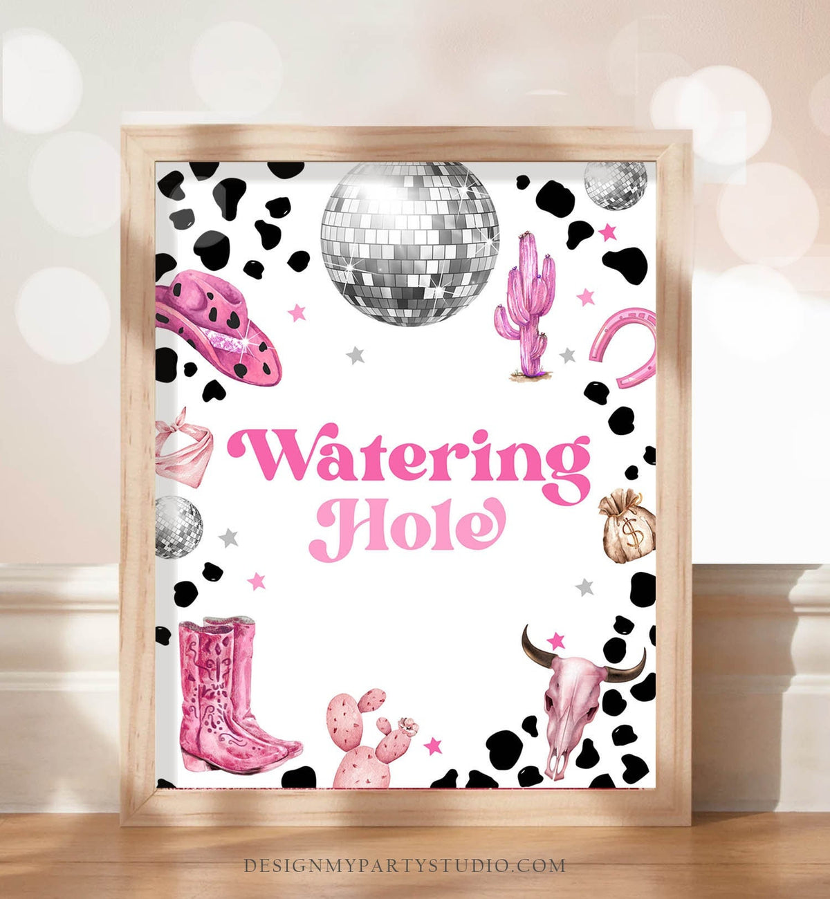 Watering Hole Sign Space Cowgirl Birthday Party Sign Drinks Disco Cowgirl Sign Pink Rodeo Party Nashville Wild West Country Printable 0455