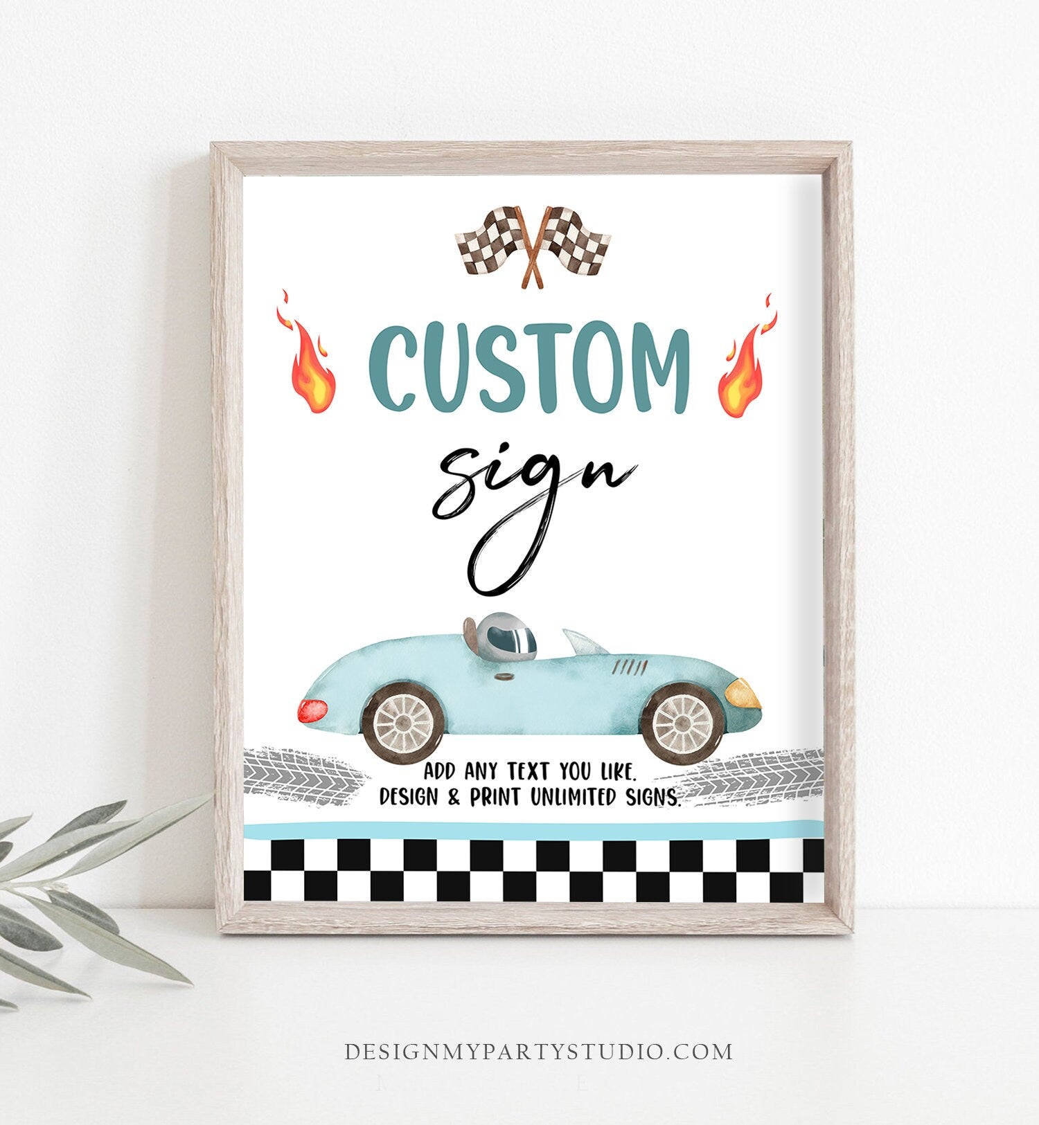 Editable Custom Sign Race Car Birthday Growing Up Two Fast 2 Racing Vintage Cars Blue Boy Party Digital Download Template Printable 0424