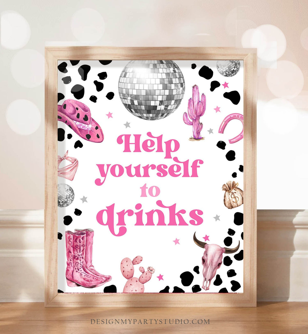 Drinks Sign Space Cowgirl Birthday Party Sign Drink Table Disco Cowgirl Sign Pink Rodeo Party Nashville Wild West Country Printable 0455