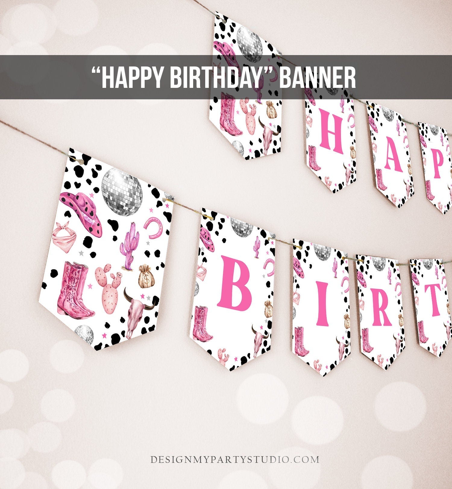 Happy Birthday Banner Pink Cowgirl Birthday Banner Disco Cowgirl Birthday Decor Space Cowgirl Wild West Rodeo PRINTABLE DIGITAL DIY 0455