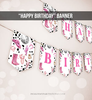 Happy Birthday Banner Pink Cowgirl Birthday Banner Disco Cowgirl Birthday Decor Space Cowgirl Wild West Rodeo PRINTABLE DIGITAL DIY 0455