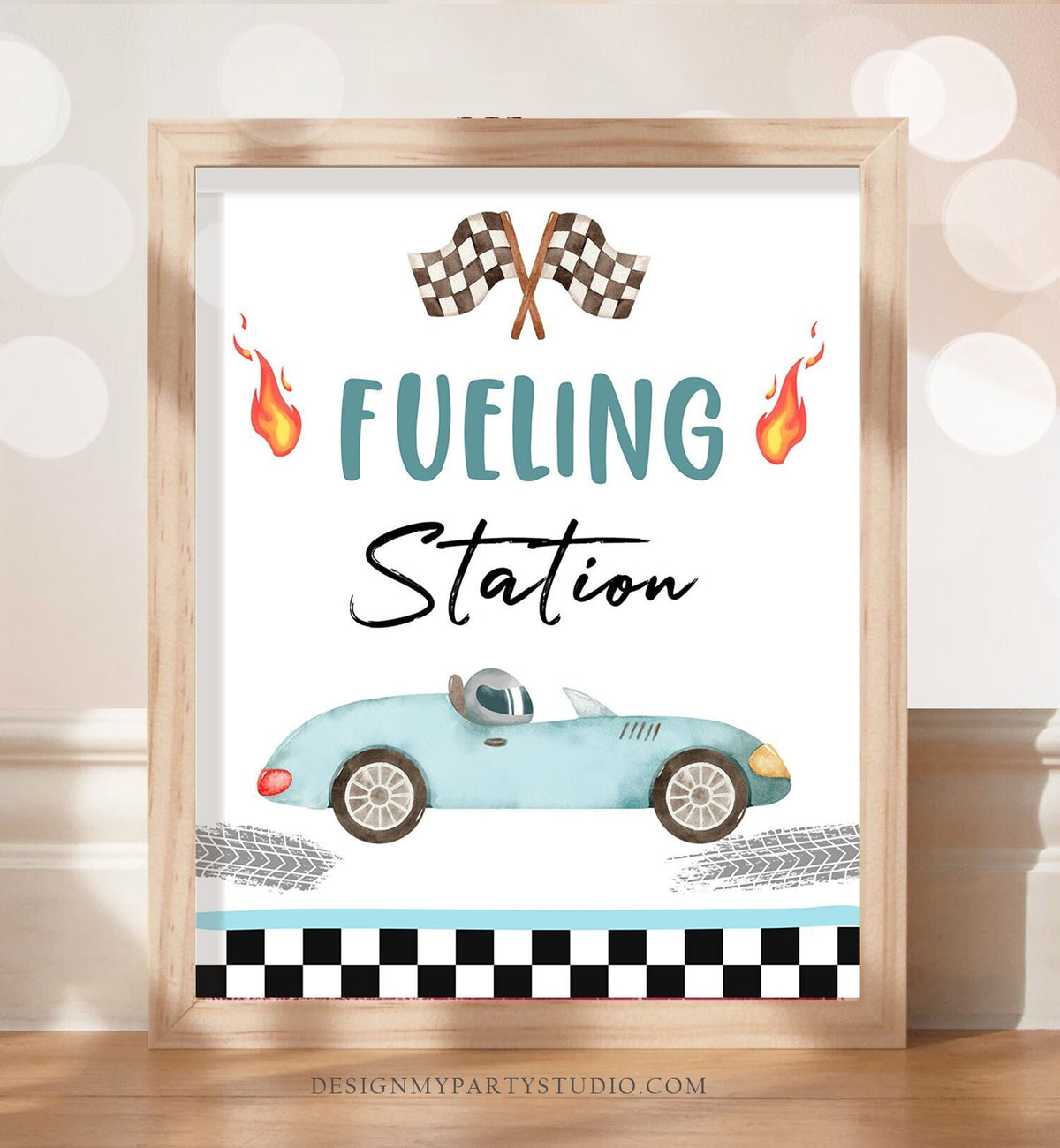 Fueling Station Race Car Sign Race Car Birthday Party Sign Two Fast Birthday Party Blue Vintage Racing Car Drinks Download Printable 0424