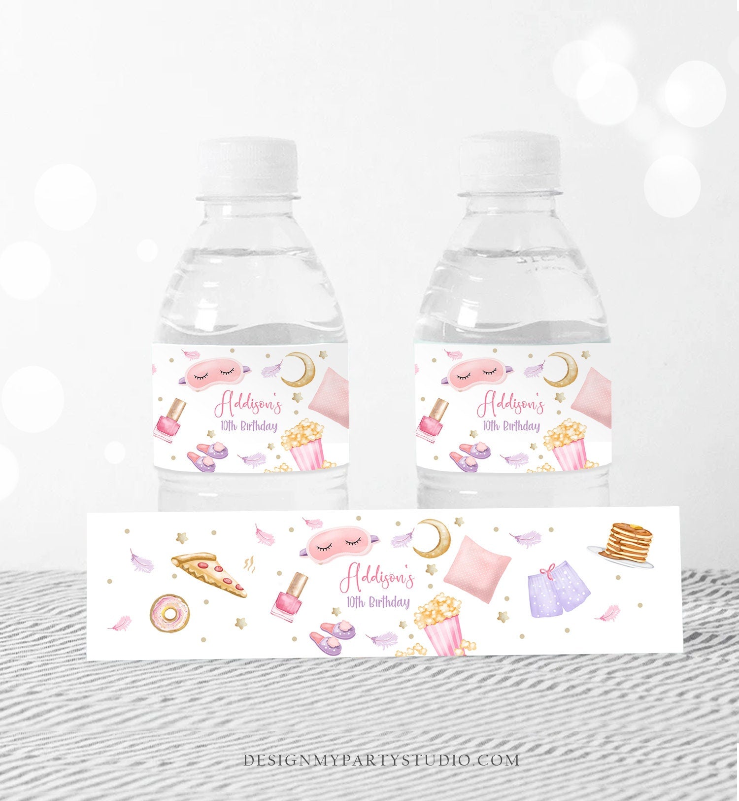 Editable Sleepover Birthday Party Water Bottle Labels Slumber Party Decor Girl Pink Pizza Popcorn Download Printable Digital Template 0447