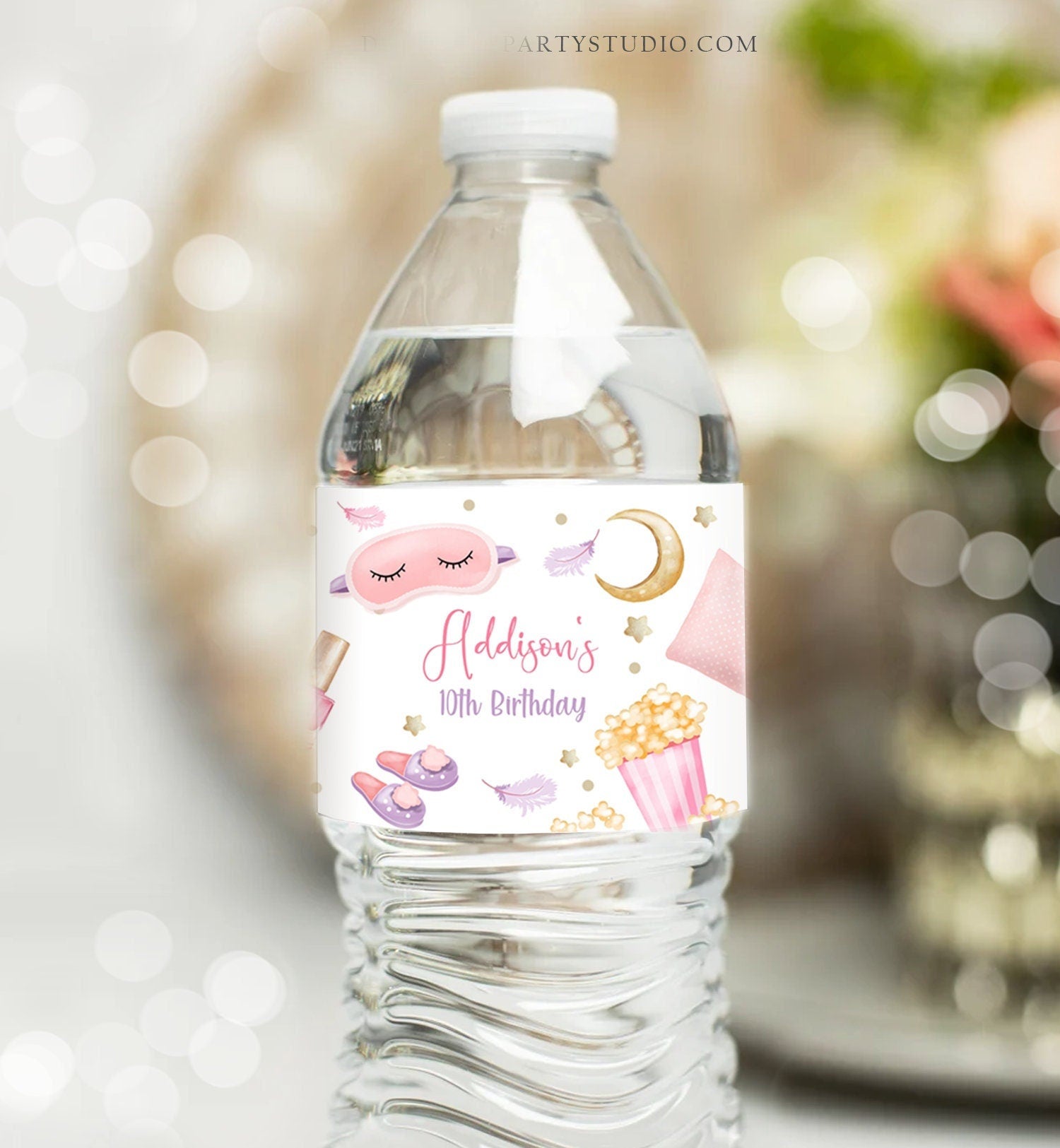 Editable Sleepover Birthday Party Water Bottle Labels Slumber Party Decor Girl Pink Pizza Popcorn Download Printable Digital Template 0447