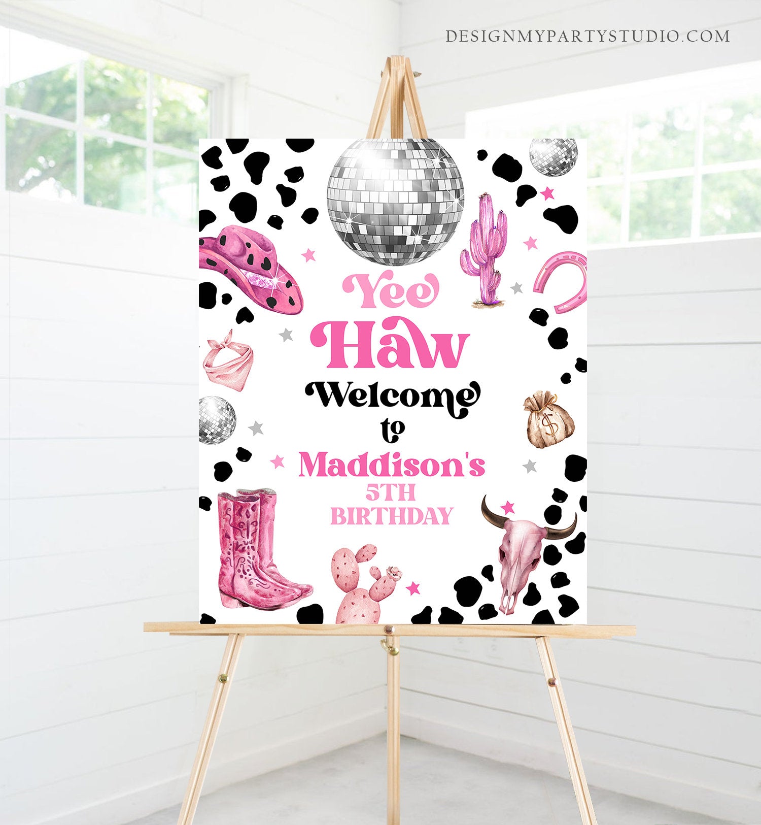 Editable Space Cowgirl Welcome Sign Disco Cowgirl Birthday Door Sign Wild West Rodeo Party Sign Poster Pink Template PRINTABLE Corjl 0455