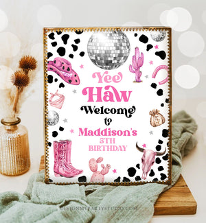 Editable Space Cowgirl Welcome Sign Disco Cowgirl Birthday Door Sign Wild West Rodeo Party Sign Poster Pink Template PRINTABLE Corjl 0455