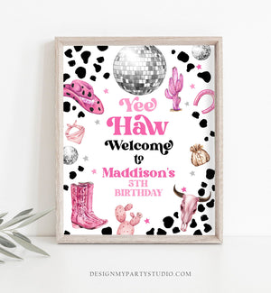 Editable Space Cowgirl Welcome Sign Disco Cowgirl Birthday Door Sign Wild West Rodeo Party Sign Poster Pink Template PRINTABLE Corjl 0455