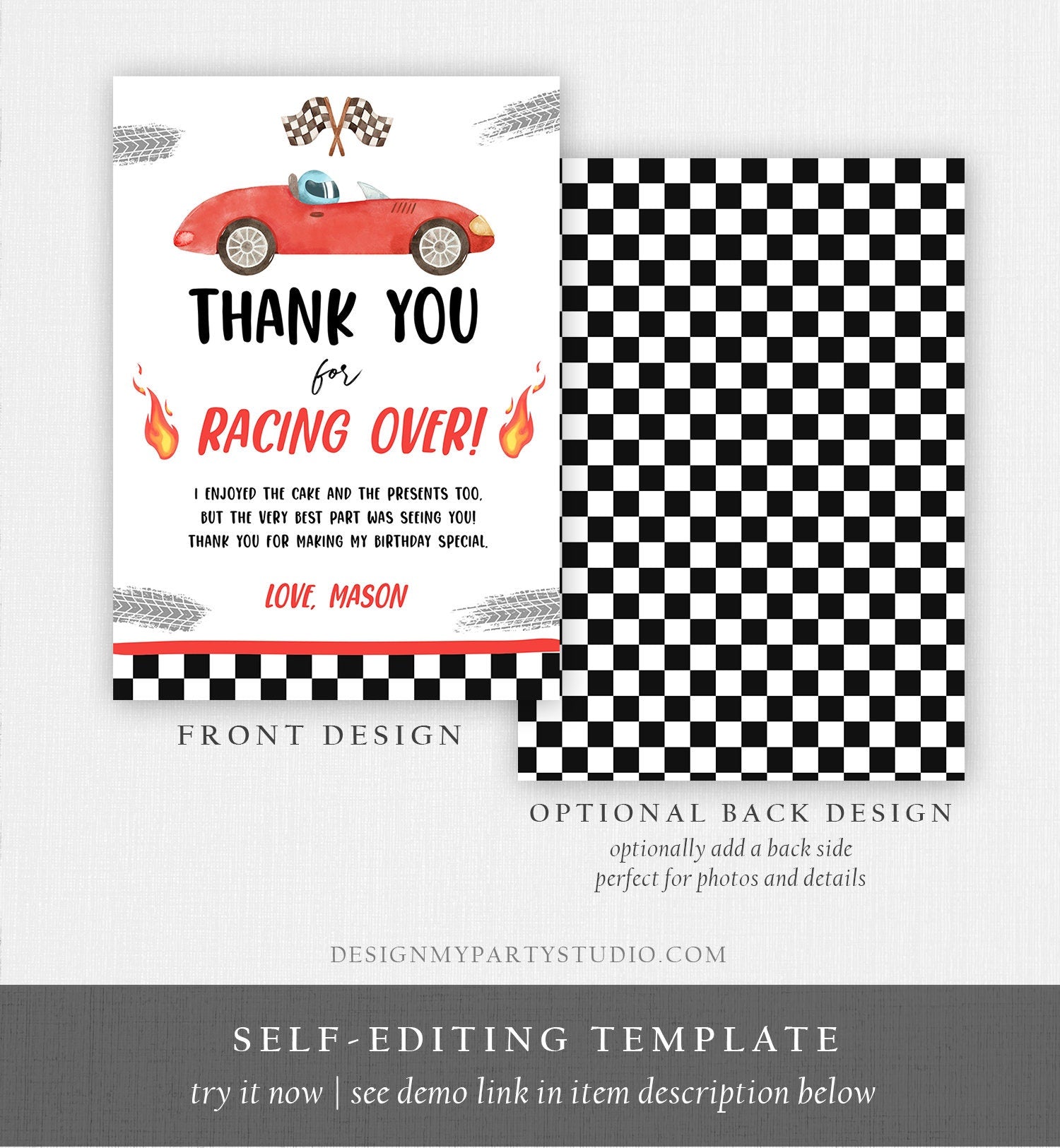 Editable Race Car Thank You Card Two Fast Birthday Boy Red Racing Car Thank You Card Birthday Fast One Download Template Printable 0424