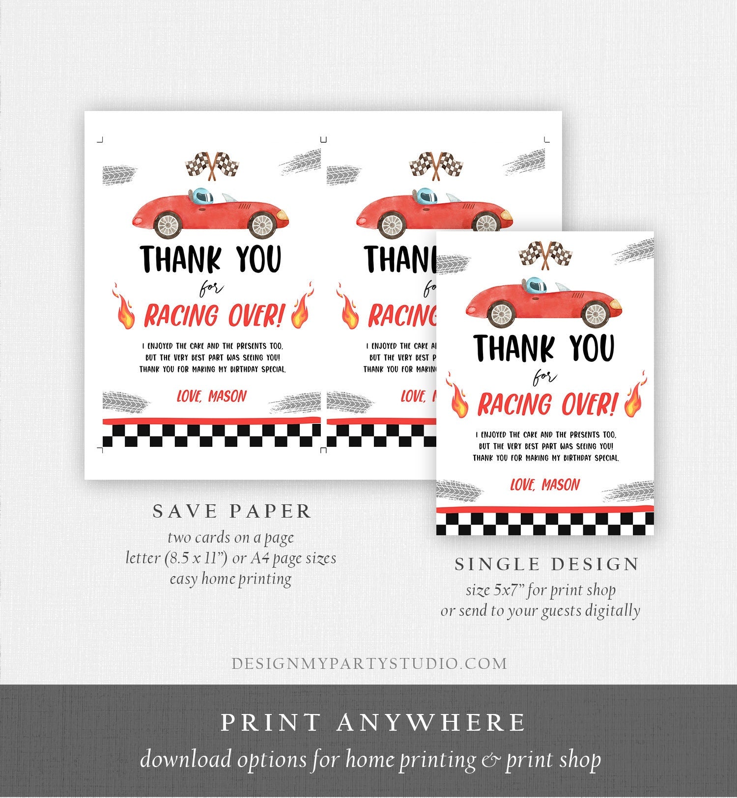 Editable Race Car Thank You Card Two Fast Birthday Boy Red Racing Car Thank You Card Birthday Fast One Download Template Printable 0424