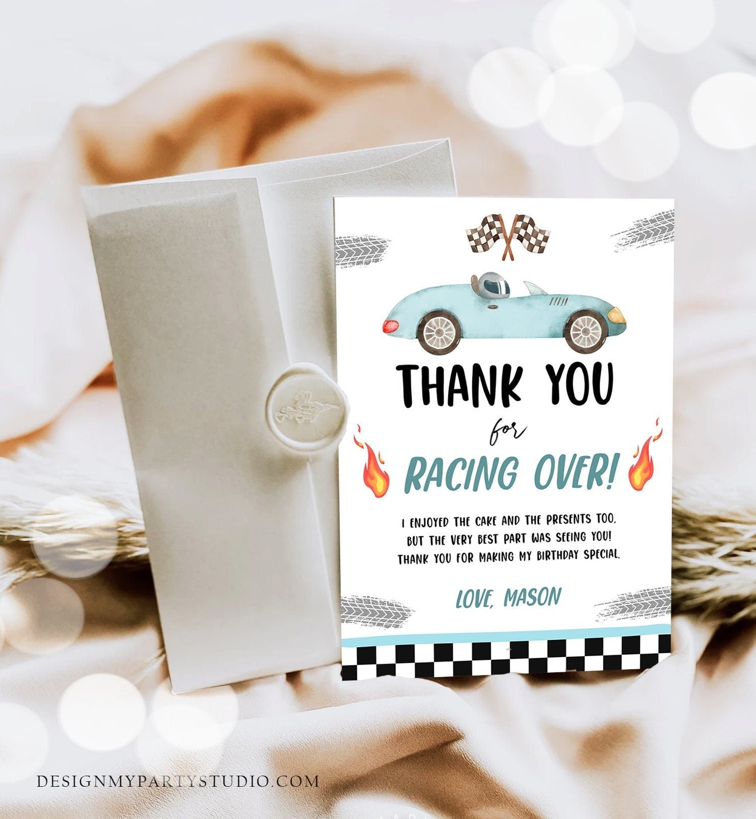 Editable Race Car Thank You Card Two Fast Birthday Boy Blue Racing Car Thank You Card Birthday Fast One Template Instant Download Corjl 0424