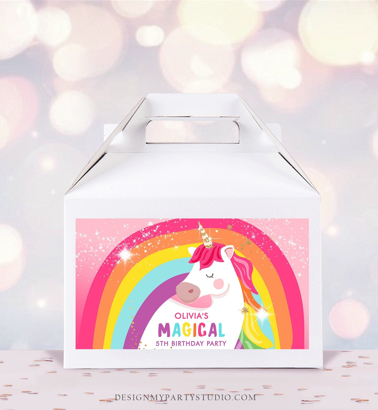 Editable Unicorn Birthday Party Gable Box Favor Label Magical Unicorn Gift Box Labels Girl Pink Rainbow Download Printable Corjl 0323