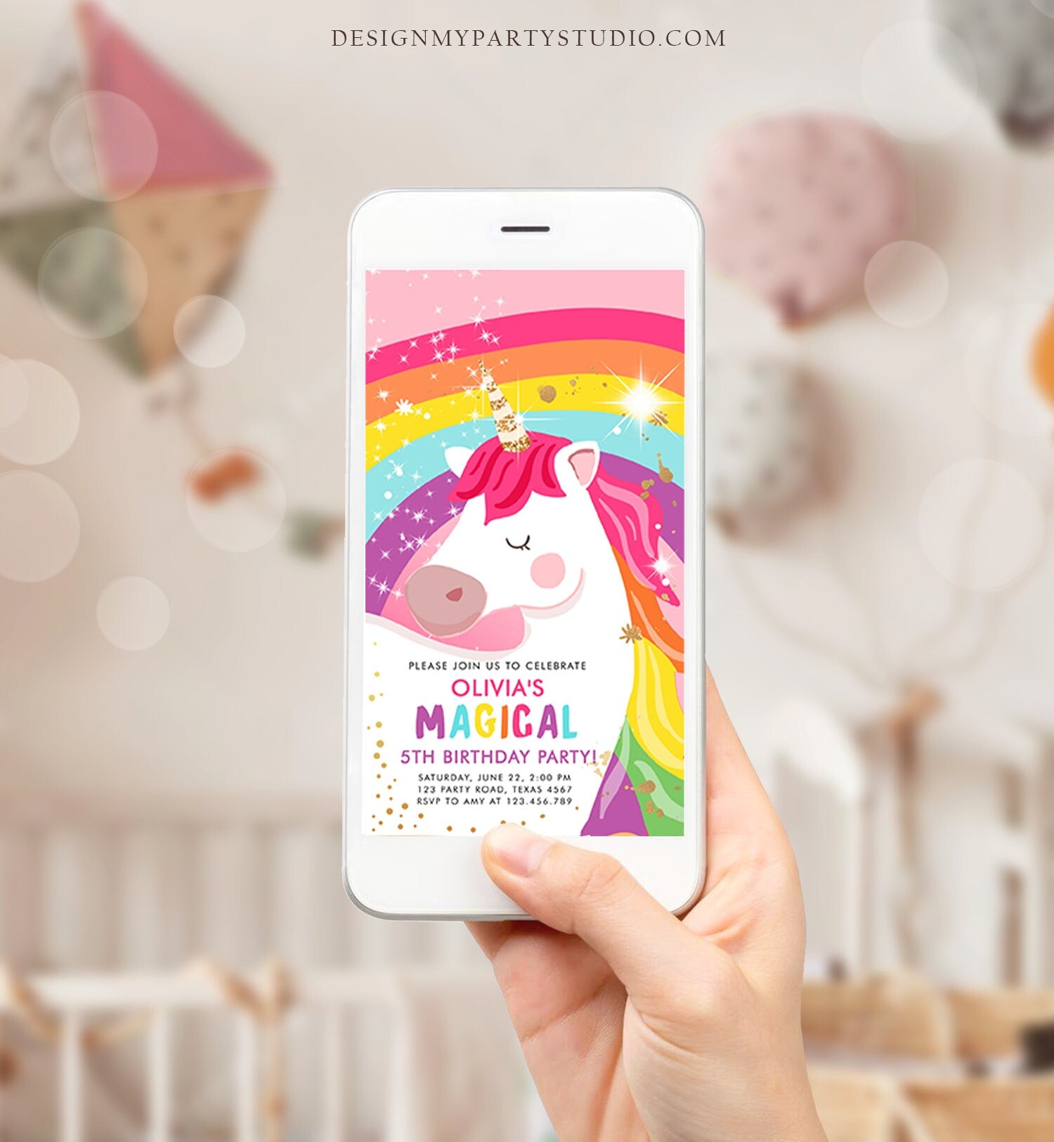 Editable Unicorn Birthday Evite Magical Unicorn Party Girl Pink Gold Unicorn Invitation Rainbow Phone Digital Corjl Template Digital 0323