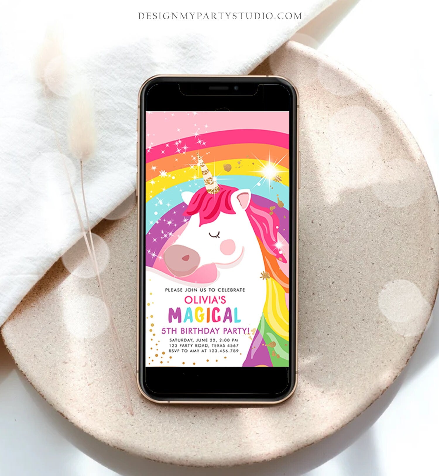 Editable Unicorn Birthday Evite Magical Unicorn Party Girl Pink Gold Unicorn Invitation Rainbow Phone Digital Corjl Template Digital 0323