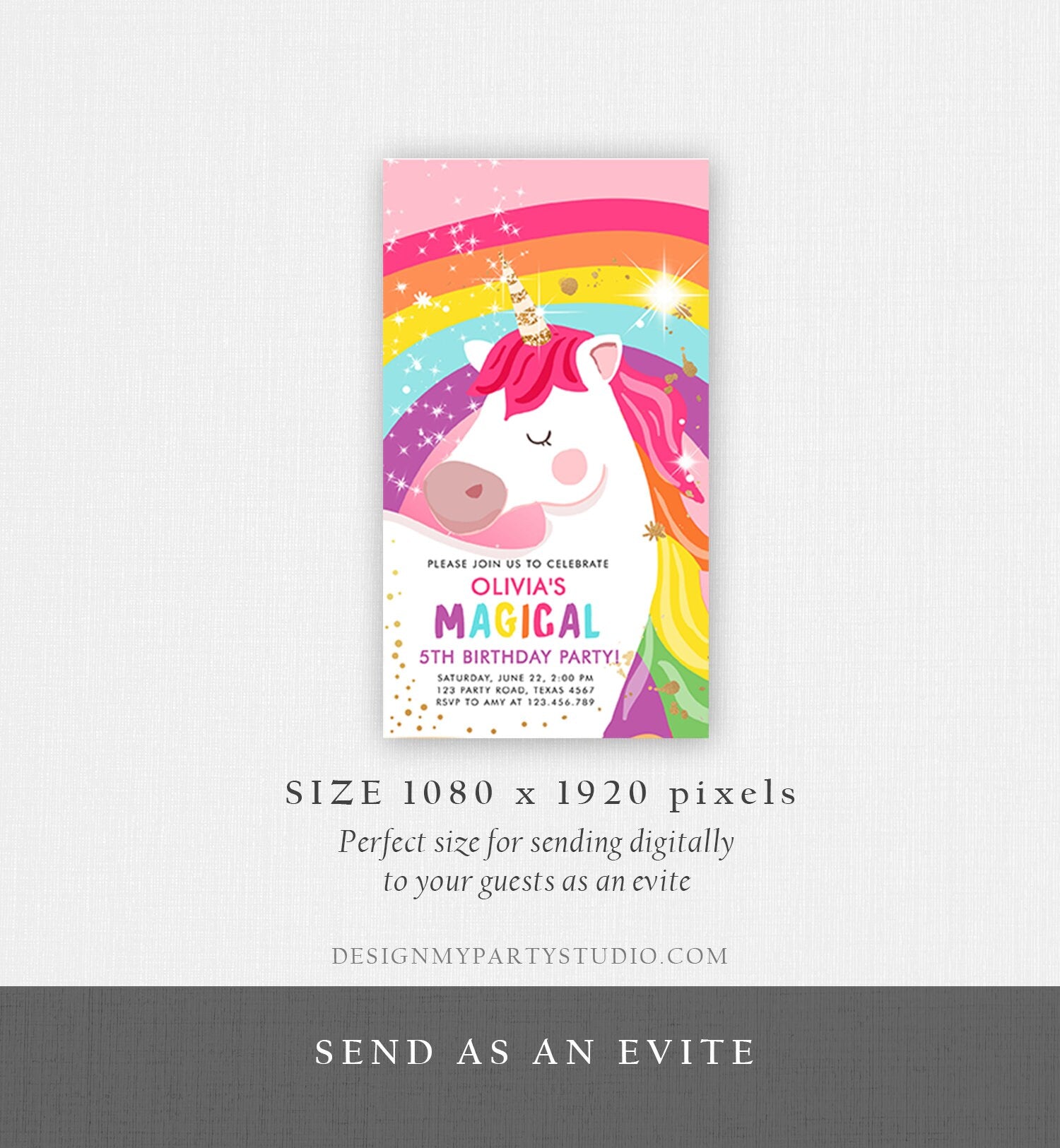 Editable Unicorn Birthday Evite Magical Unicorn Party Girl Pink Gold Unicorn Invitation Rainbow Phone Digital Corjl Template Digital 0323