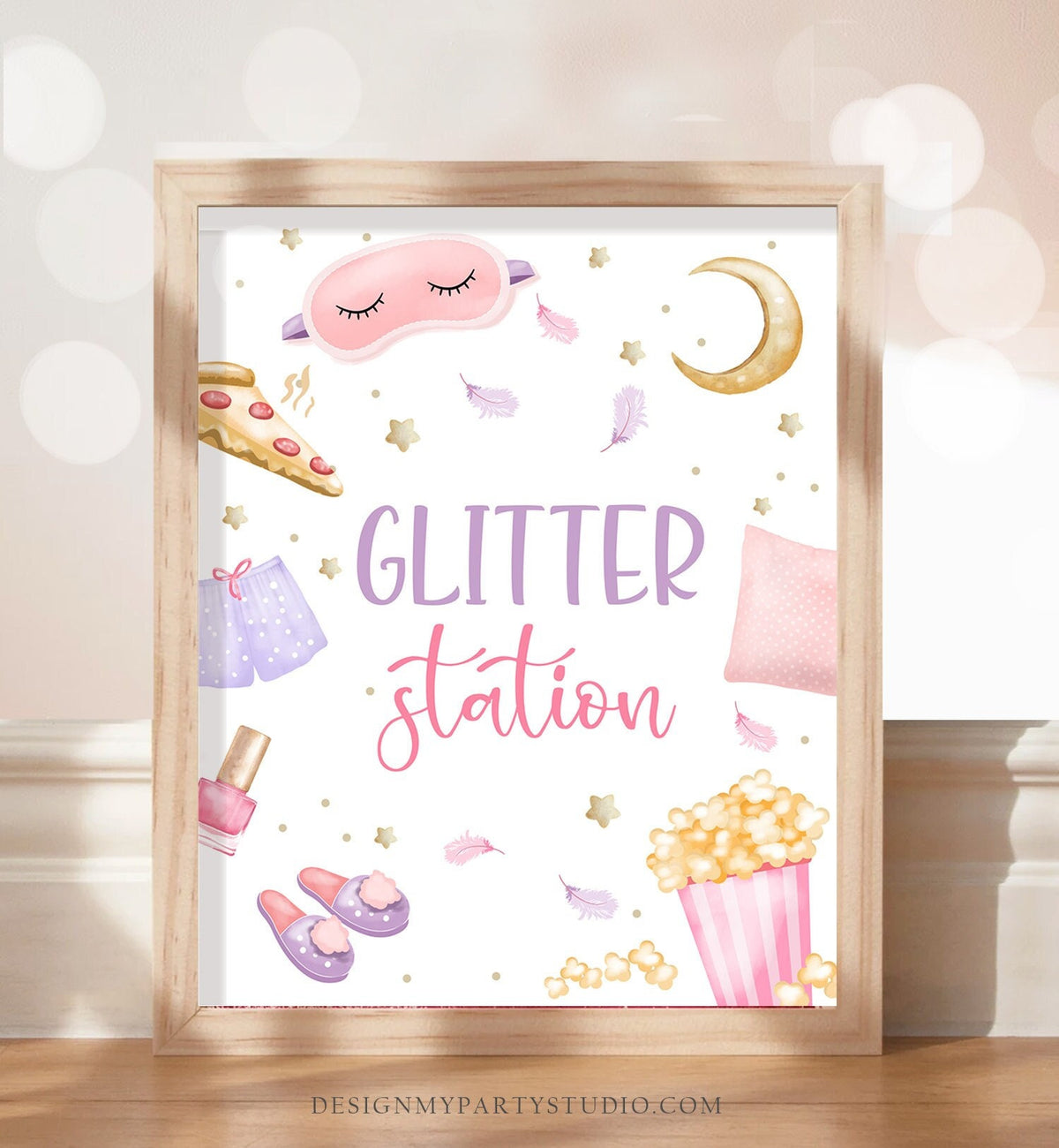 Glitter Station Sign Sleepover Birthday Sign Slumber Party Decor Teen Birthday Pajama Party Pizza Pancake Girl Game Download Printable 0447