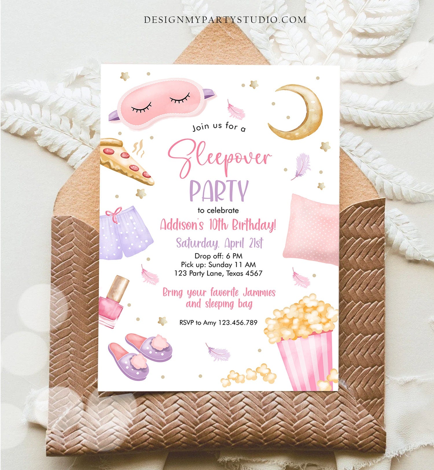 Editable Slumber Party Birthday Invitation Sleepover Birthday Invite Pink Girl Spa Tween Teen Pizza Digital Download Template Corjl 0447