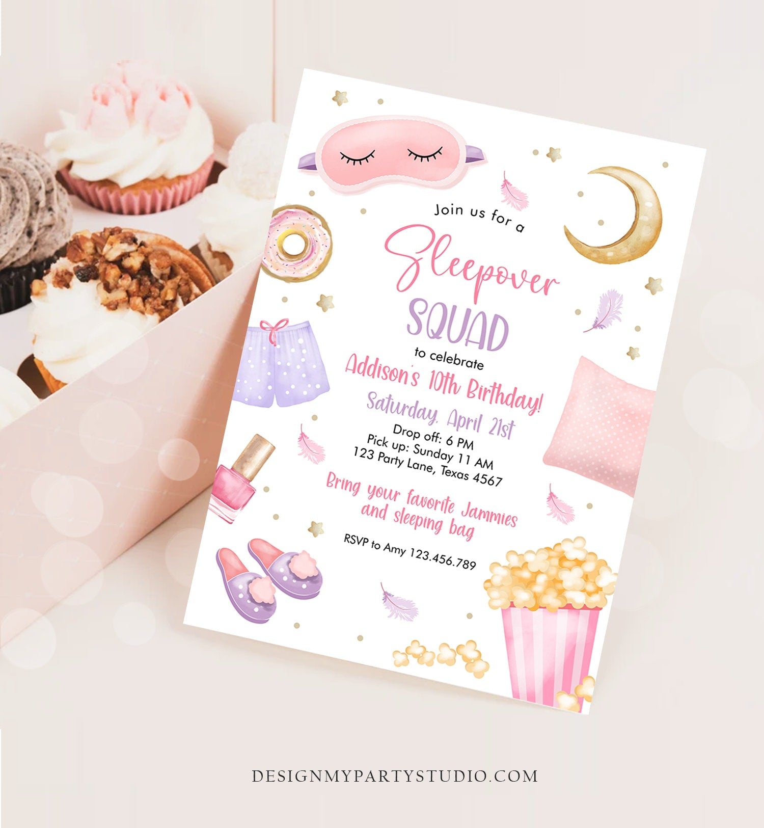 Editable Sleepover Squad Birthday Invitation Slumber Party Birthday Invite Pink Girl Spa Tween Teen Digital Download Template Corjl 0447