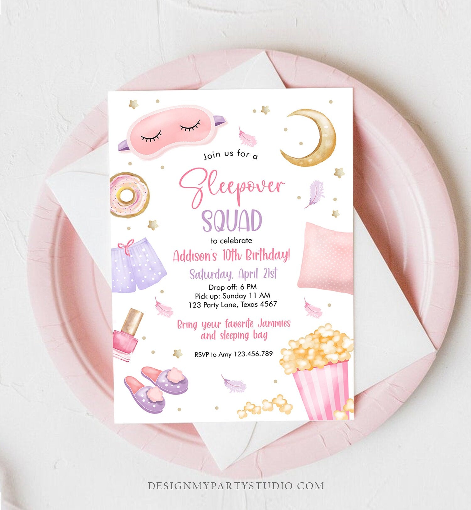 Editable Sleepover Squad Birthday Invitation Slumber Party Birthday Invite Pink Girl Spa Tween Teen Digital Download Template Corjl 0447