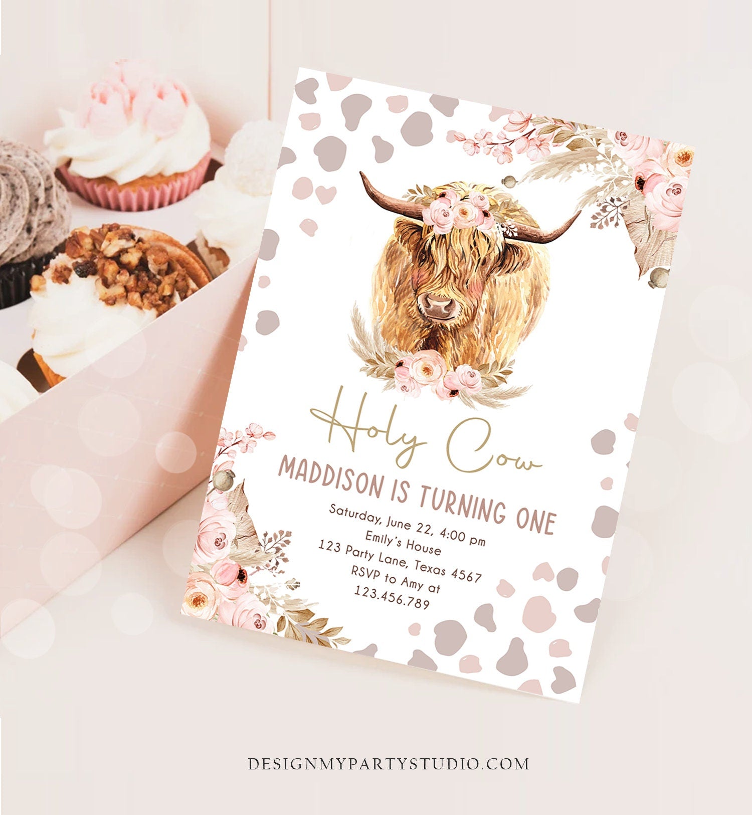 Editable Boho Cow Birthday Invitation Girl Farm Animals Pink Floral Pampas Grass Holy Cow I'm One 1st Highland Printable Template Corjl 0453