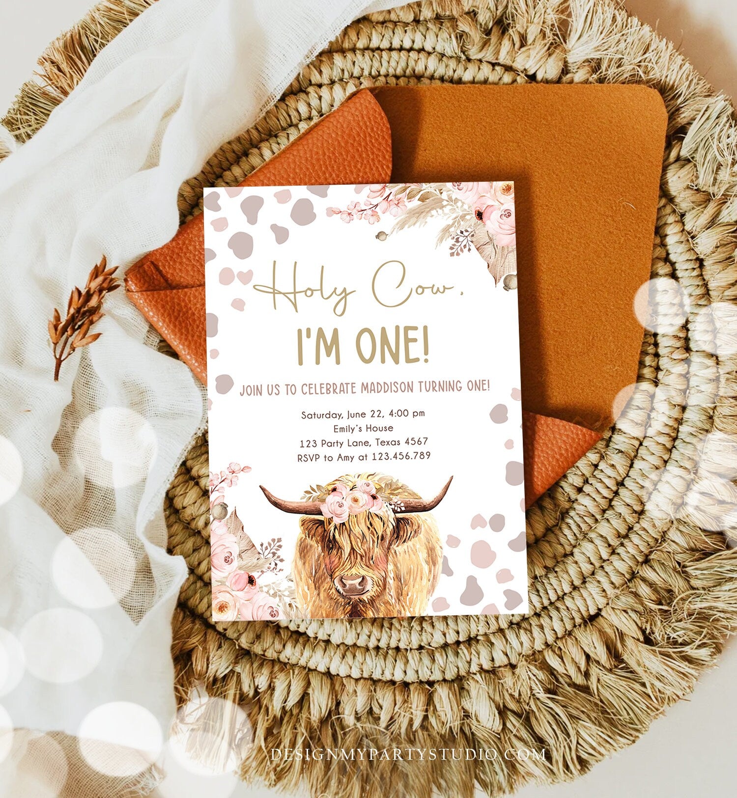 Editable Boho Cow Birthday Invitation Girl Farm Floral Pampas Grass Holy Cow I'm One 1st Birthday Download Printable Template Corjl 0453