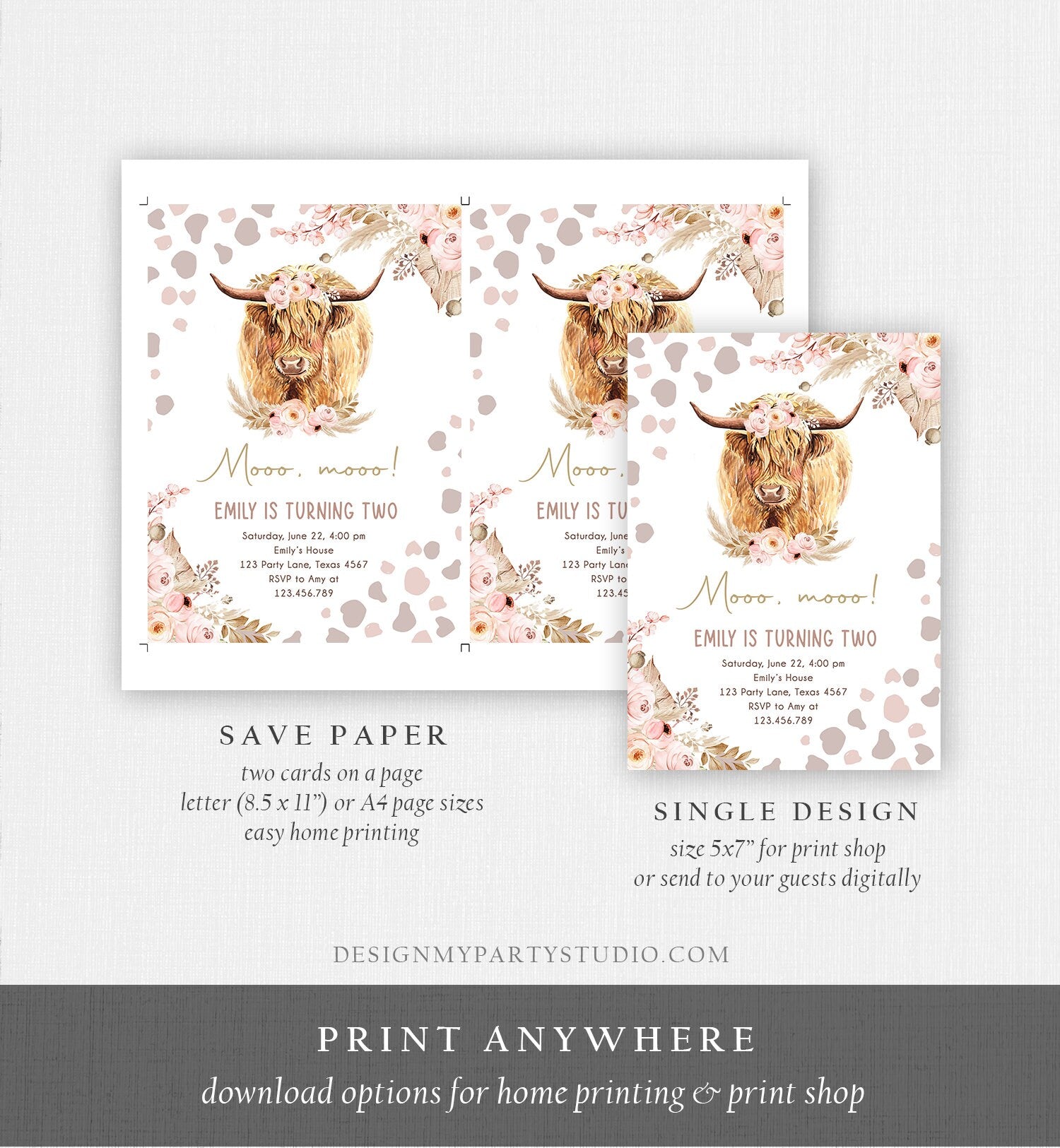 Editable Boho Cow Birthday Invitation Girl Farm Floral Pampas Grass Holy Cow Mooo Two 2nd Birthday Higland Printable Template Corjl 0453