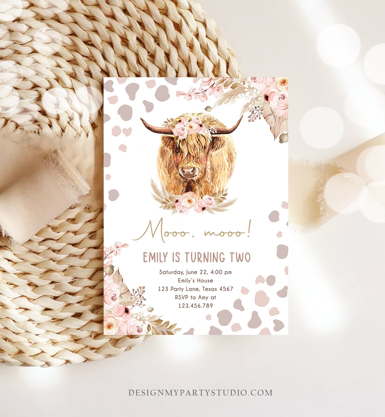 Editable Boho Cow Birthday Invitation Girl Farm Floral Pampas Grass Holy Cow Mooo Two 2nd Birthday Higland Printable Template Corjl 0453