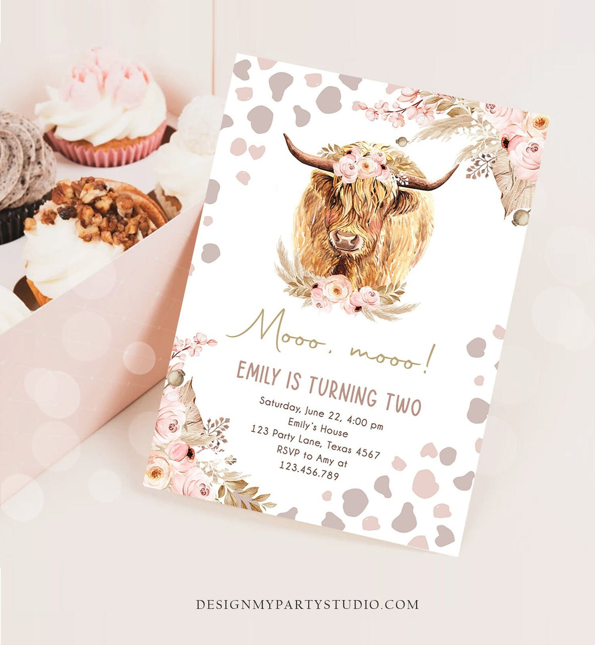 Editable Boho Cow Birthday Invitation Girl Farm Floral Pampas Grass Holy Cow Mooo Two 2nd Birthday Higland Printable Template Corjl 0453