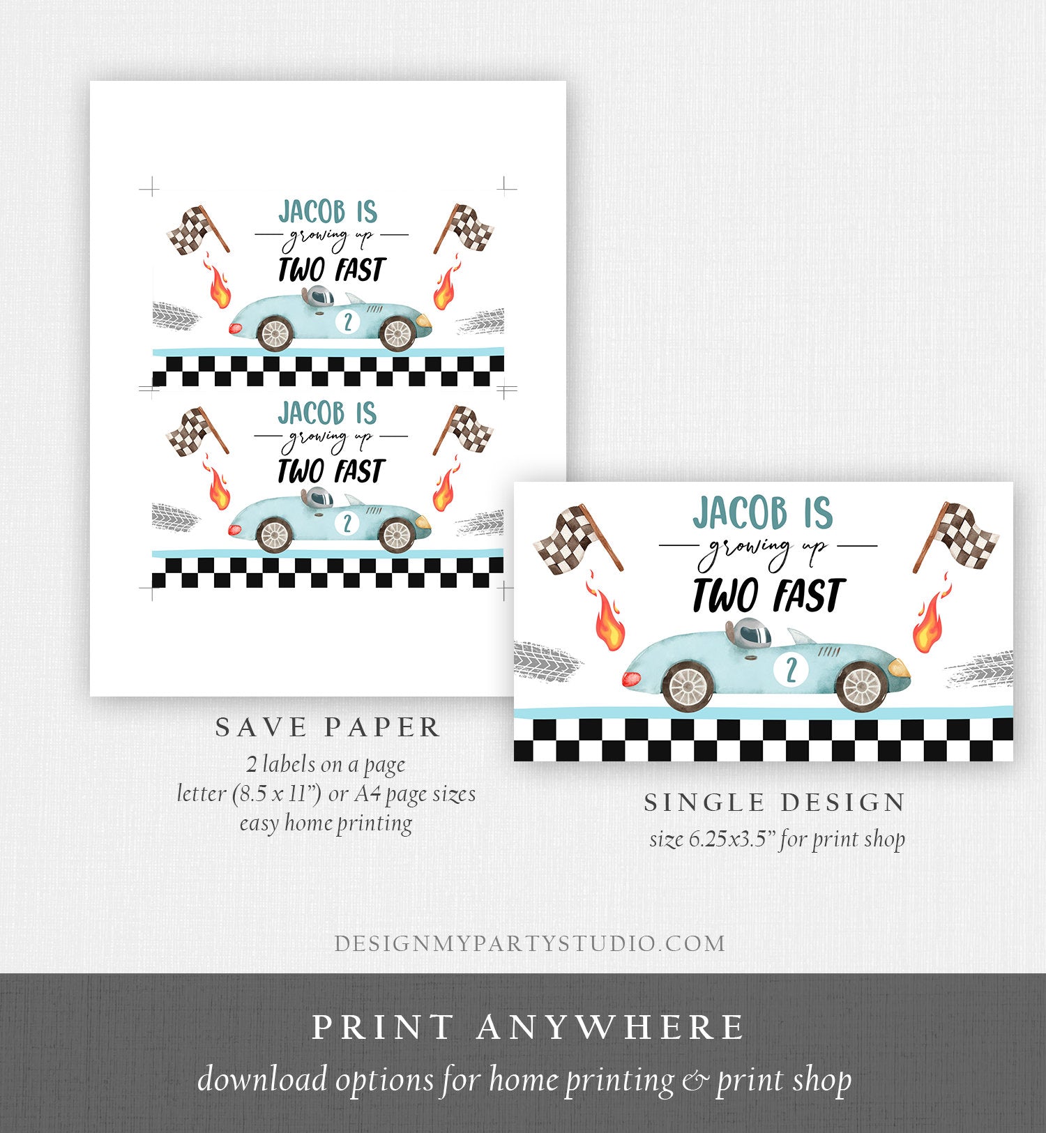 Editable Growing Up Two Fast Gable Box Favor Blue Race Car Birthday Favor Box Label Boy Racing Two 2nd 2 Download Printable Corjl 0424