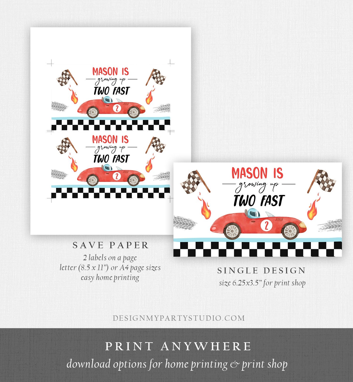 Editable Growing Up Two Fast Gable Box Favor Red Race Car Birthday Favor Label Boy Racing 2nd Around Track Download Printable Corjl 0424